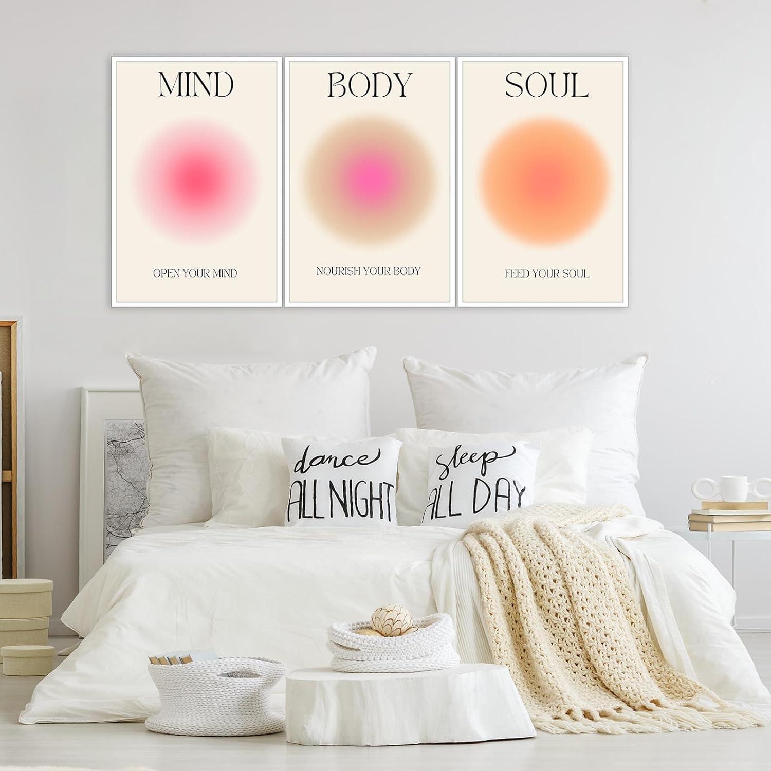 Asdg12s-Positive Aura Posters for Room Aesthetic 3 Piece Colorful Aura Grainy Gradient Canvas Wall Art Spiritual Soul Body Mind Quote Print Painting Danish Pastel Home Wall Decor for Bedroom