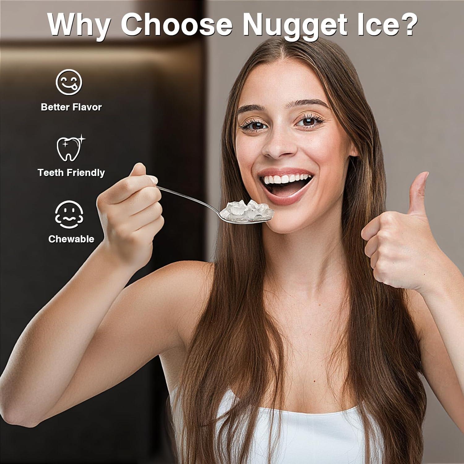 Compact Black Stainless Steel Nugget Ice Maker with Scoop