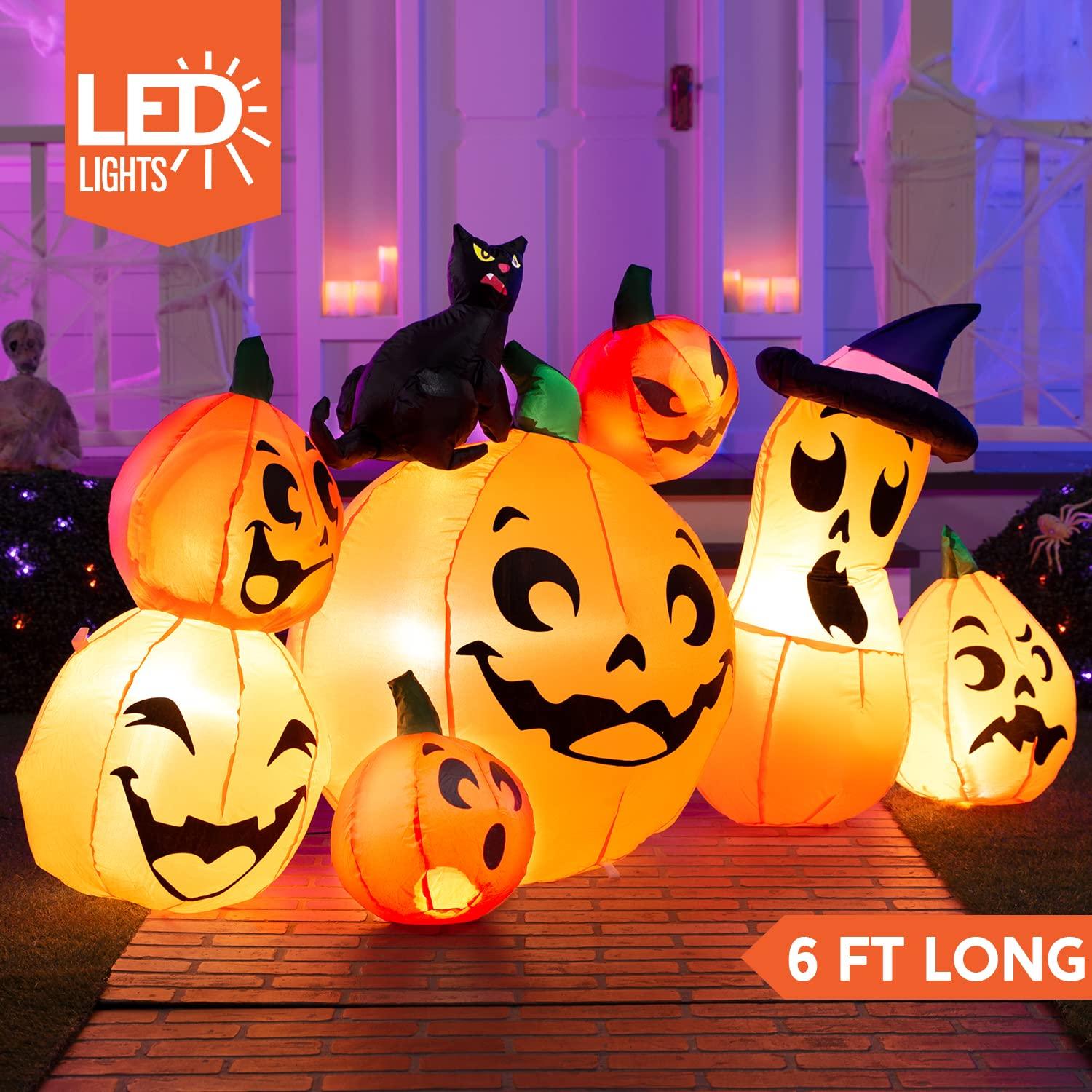 Joyfy 6 FT Halloween Inflatable Long Pumpkin with Witch's Cat Decorations Inflatables with Build-in LEDs,Halloween Decor Outdoor Blow Up Yard Decorations