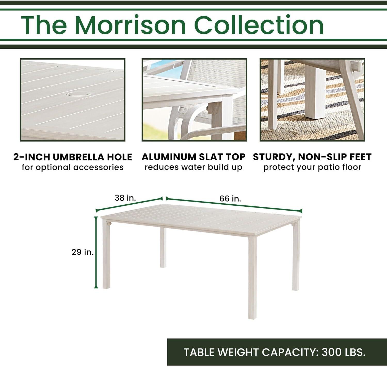 Hanover Morrison 7-Piece Outdoor Costal Dining Set with 6 Aluminum Sling Chairs and Slat Top 66" x 38" Table, Rust-Resistant - MORDN7PC-WHT