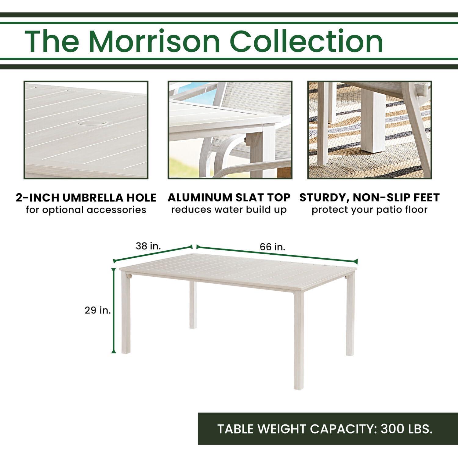 Hanover Morrison 7-Piece Outdoor Costal Dining Set with 6 Aluminum Sling Chairs and Slat Top 66" x 38" Table, Rust-Resistant - MORDN7PC-WHT