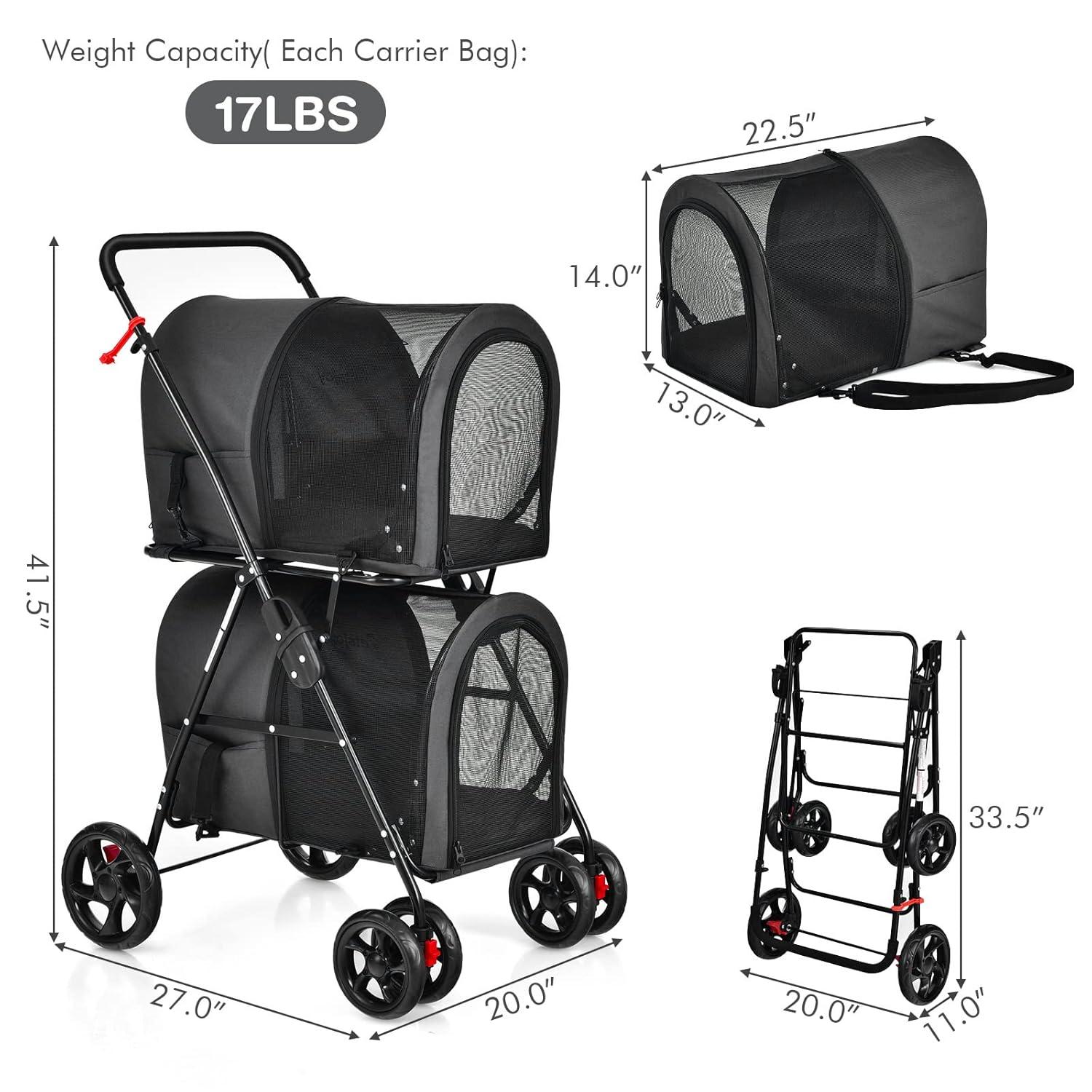 Tangkula Double Pet Stroller with 2 Detachable Carrier Bags Safety Belt 4 Lockable Wheels Cat Stroller Travel Carrier Strolling Cart Folding Black