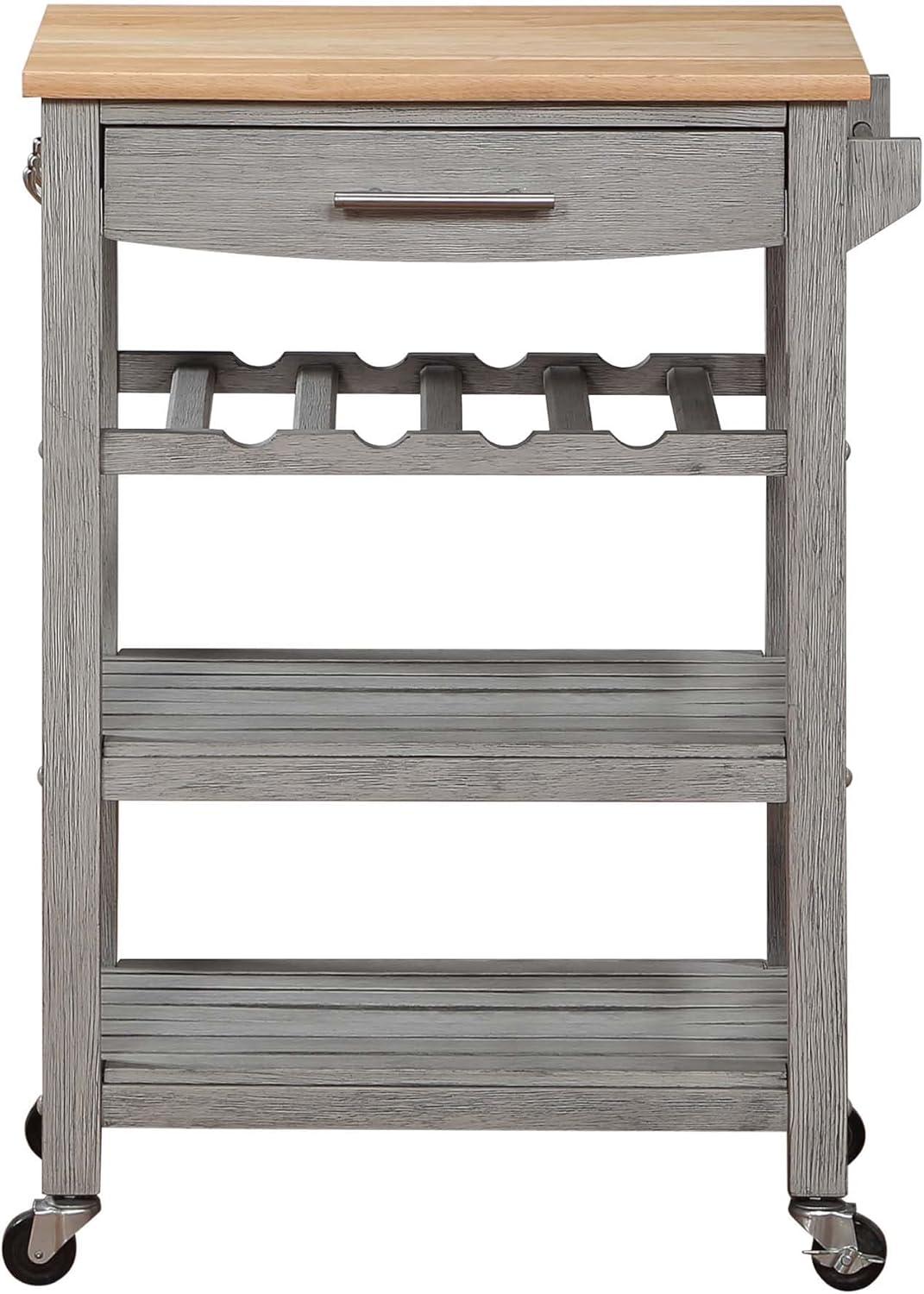 Ellaine Light Gray Solid Wood Butcher Block Kitchen Cart with Wine Rack