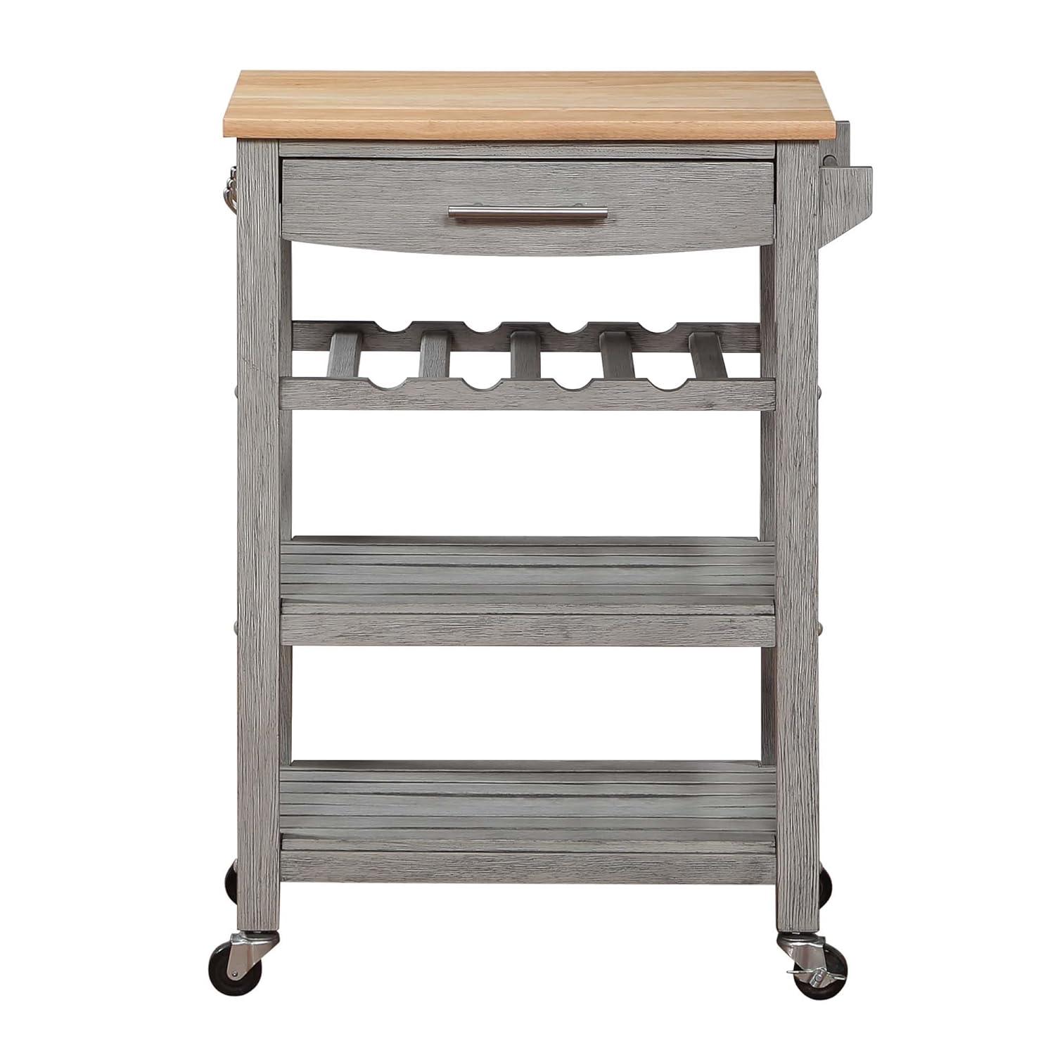 Ellaine Light Gray Solid Wood Butcher Block Kitchen Cart with Wine Rack