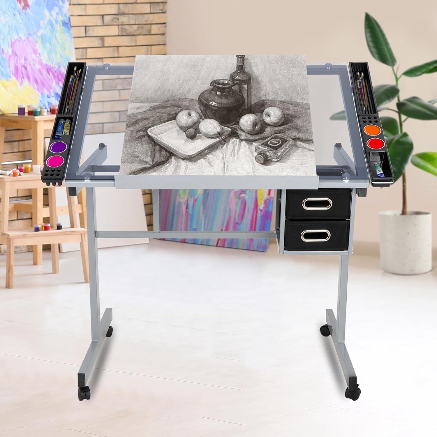 Adjustable Drafting Table Drawing Desk Craft Station Drafting Desk Glass Top w/2 Slide Drawers and Wheels for Drawing, Writing, Painting Home Office