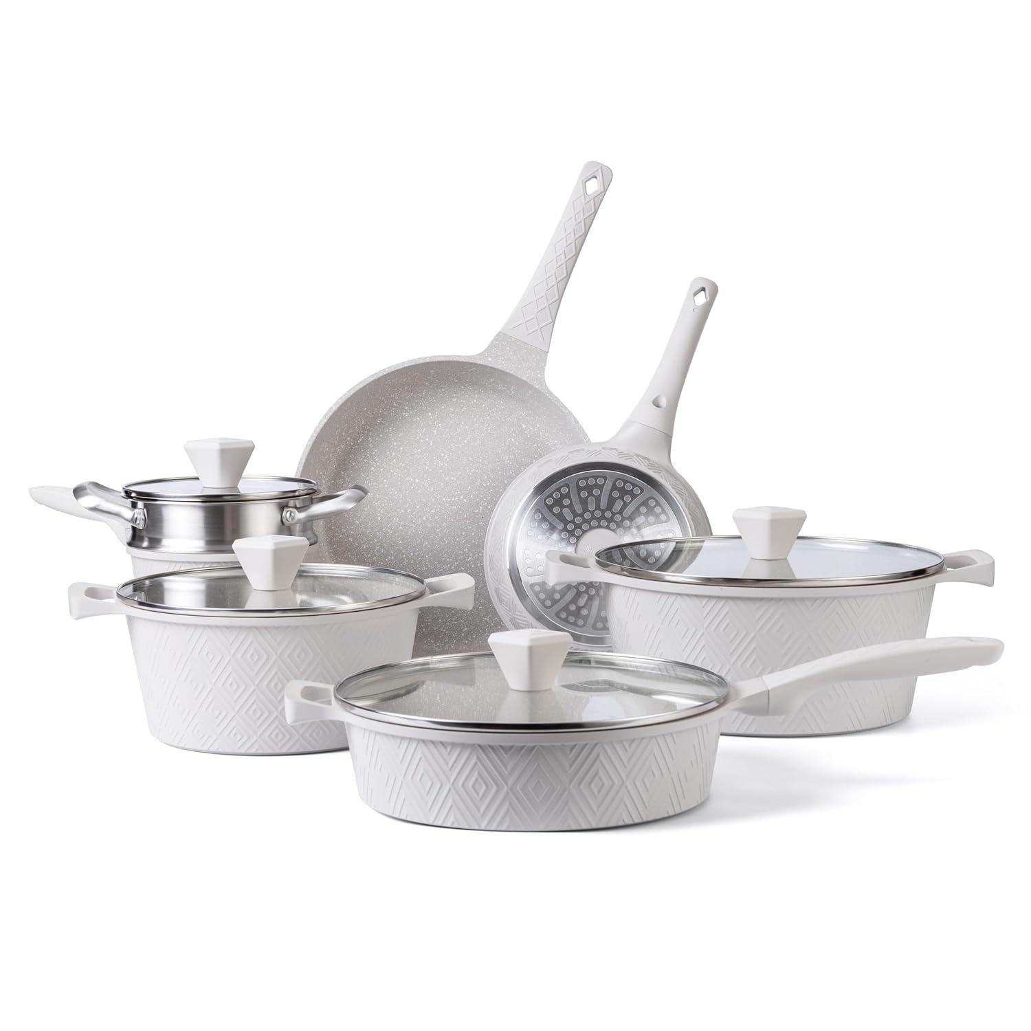Country Kitchen 11-Pc Cast Aluminum Cookware Set Non Stick Pots and Pan Set, Cream Diamond