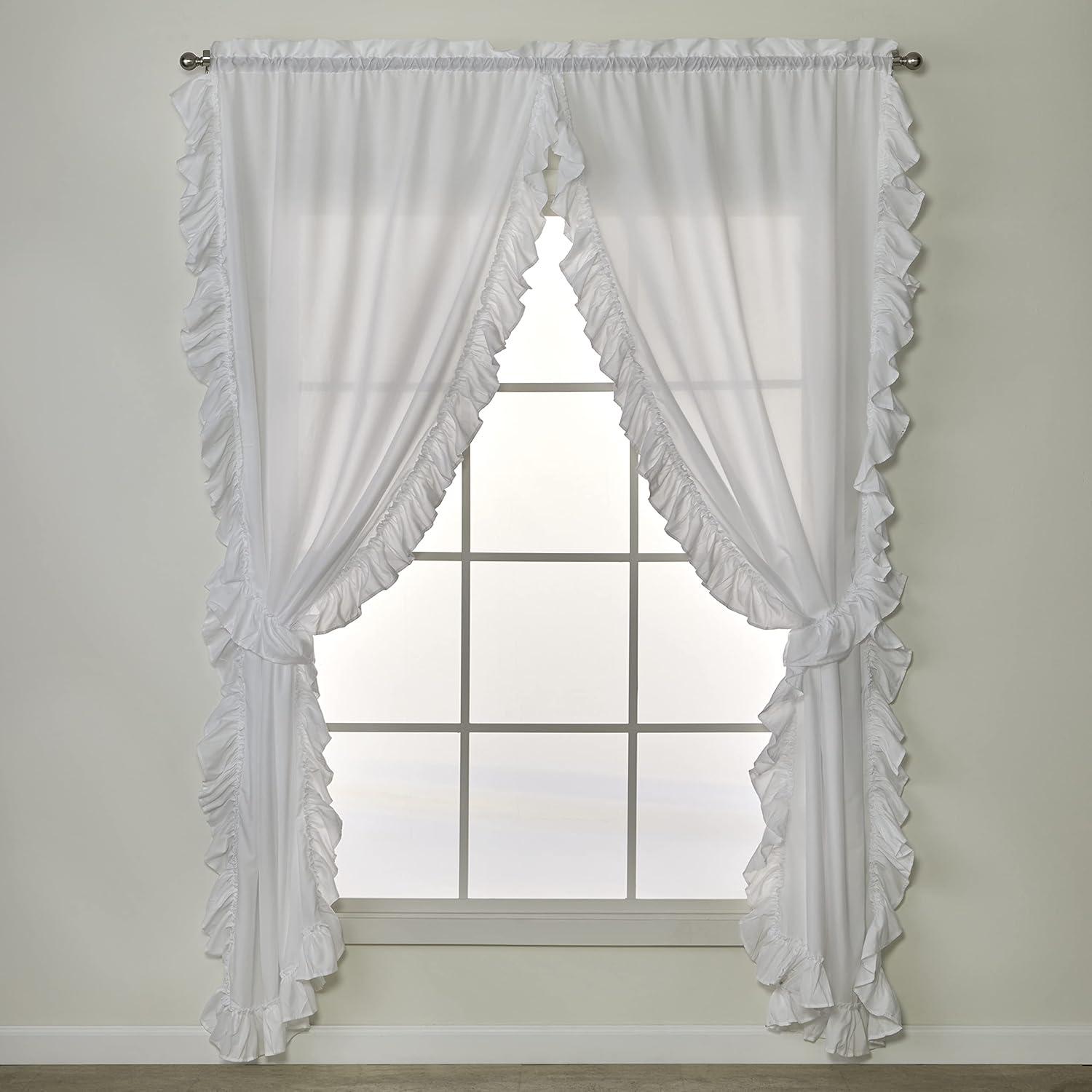 Sarah White Ruffled Polyester Rod Pocket Curtain Pair 82" x 63"