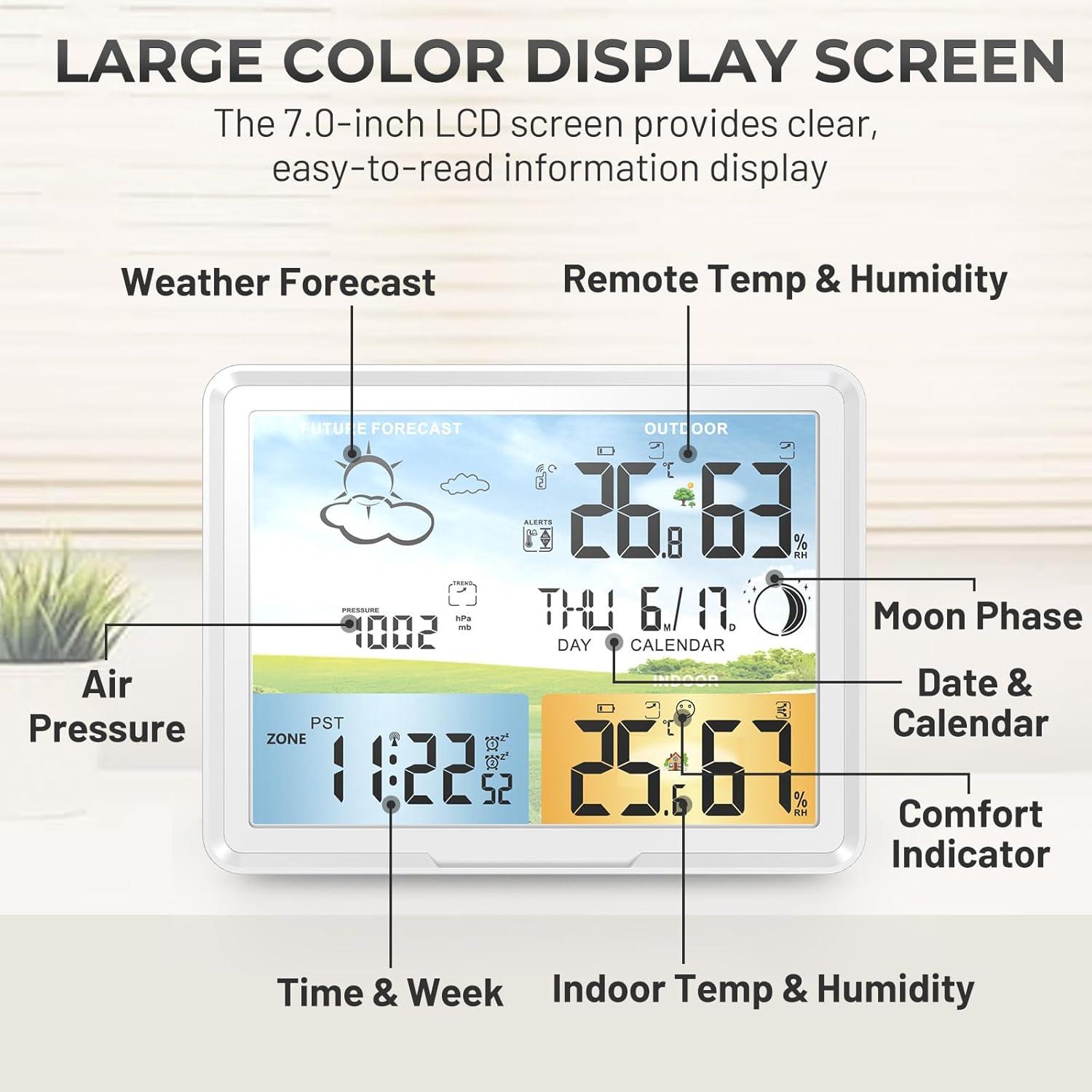 Weather Station Wireless Indoor Outdoor Thermometer, Color Display Digital Thermometer Humidity Monitor with Atomic Clock, Forecast Station with Calendar and Adjustable Backlight for Home