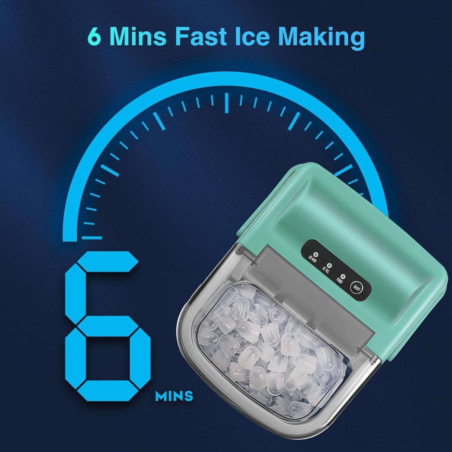 R.W.FLAME Ice Makers Countertop with Handle,26.5Lbs/24H,9 Cubes in 6 Mins,2 Sizes of Bullet Ice,Portable Ice Maker Machine with Self-Cleaning, green