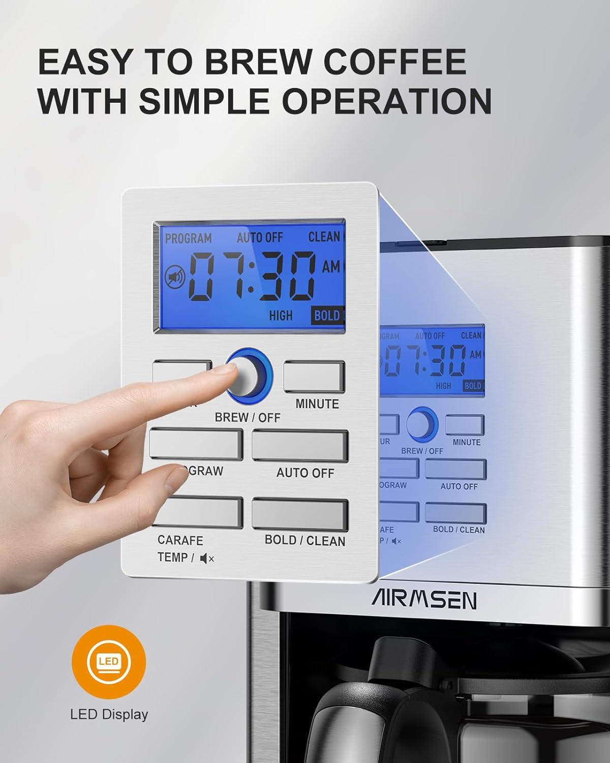 AIRMSEN Stainless Steel 12 Cup Drip Coffee Maker, Programmable Coffee Machine Self-Cleaning