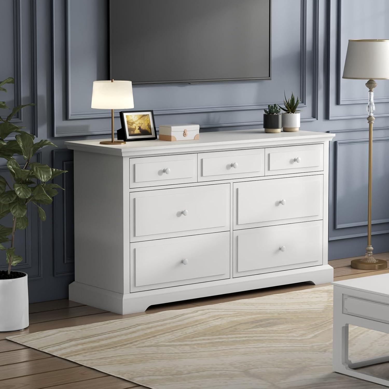 Winston Porter Raydyn 7 Drawers White Double Dressers Chests for Bedroom, Large Storage Dressers Organizer for Bedroom, Long Dresser Tv Stand, Vintage Solid Tall Closet Dressers with Storage for Living Room, Hallway