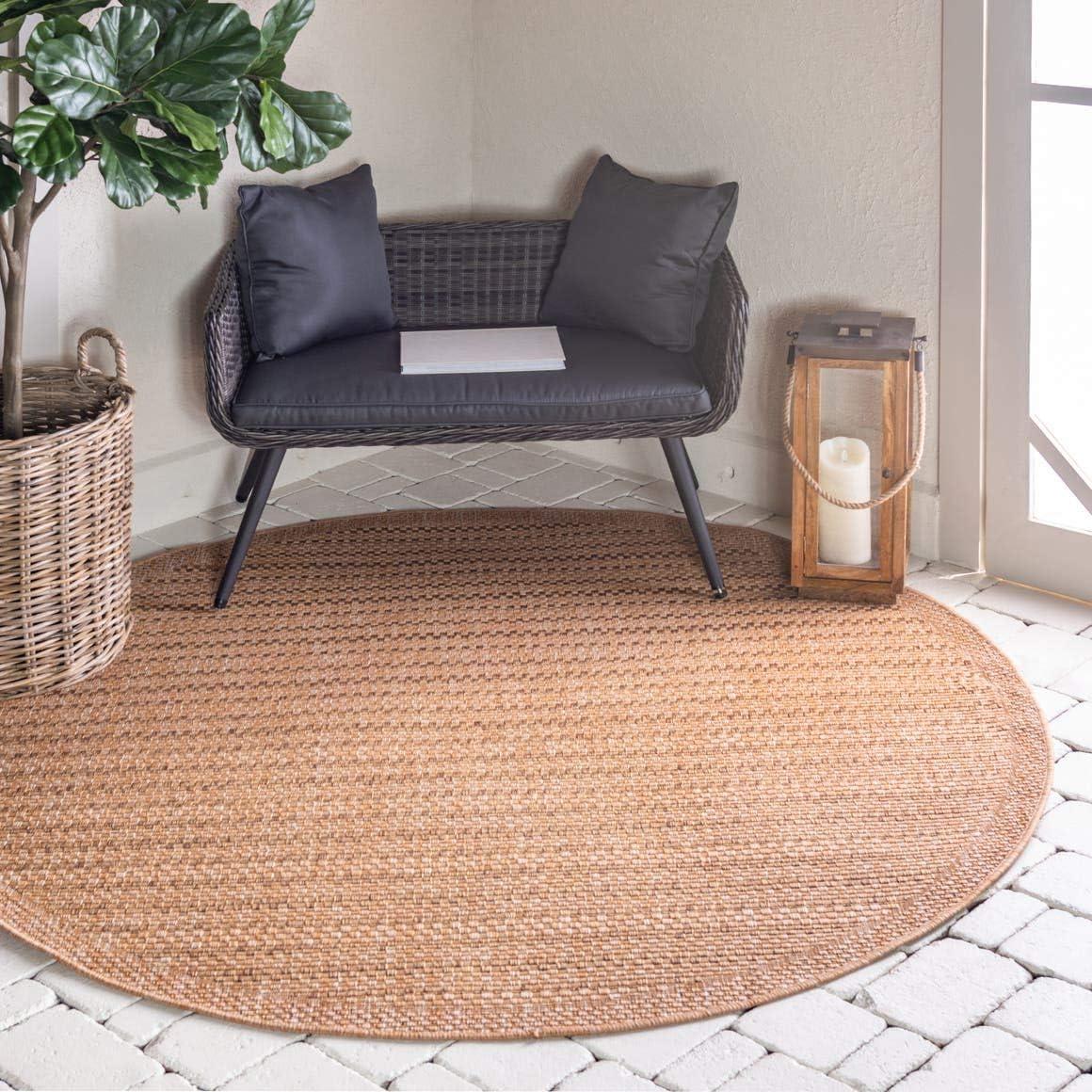 Easy-Care Reversible Stripe Round Outdoor Rug, 6'1", Light Brown