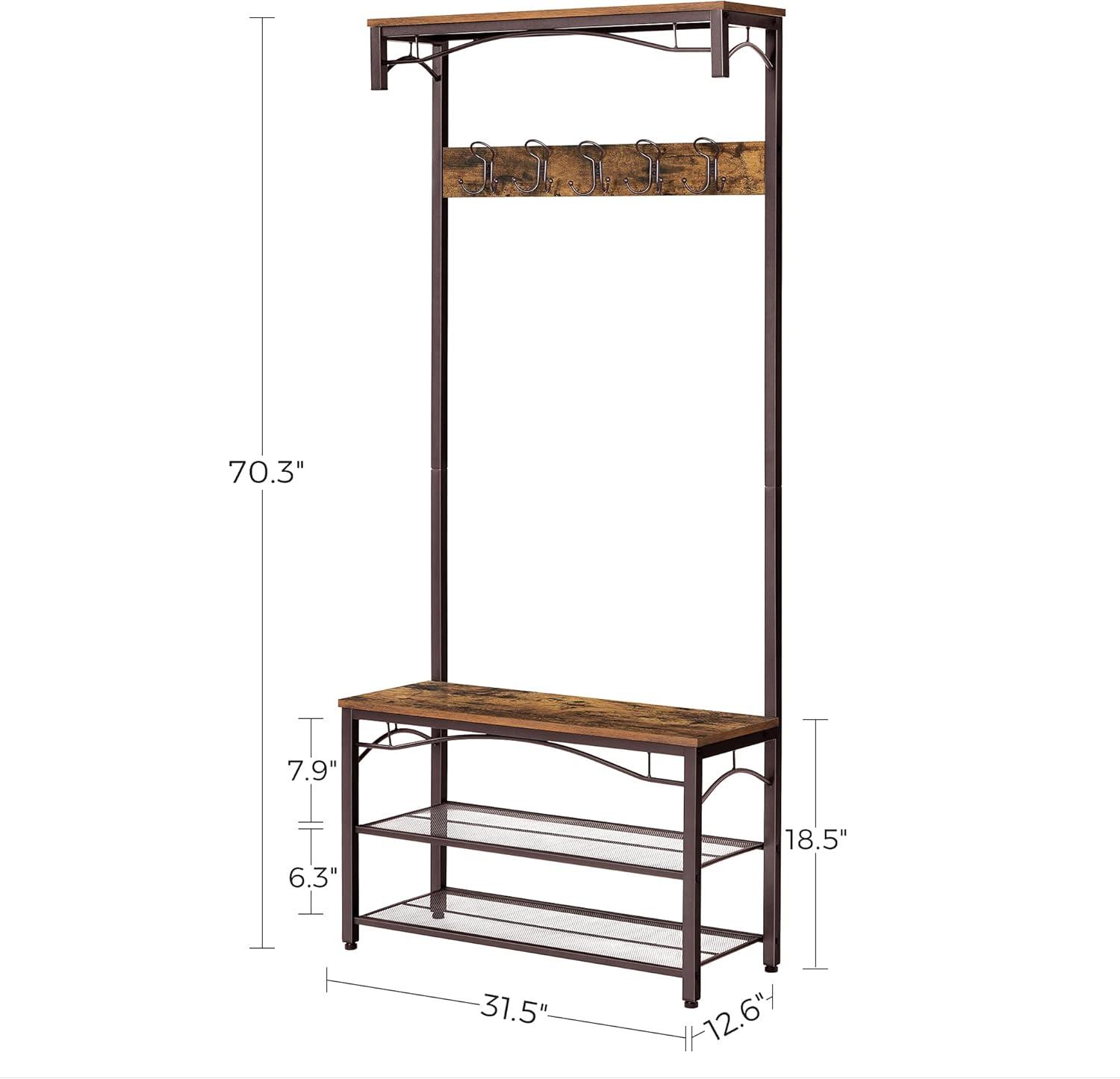 Industrial Coat Rack Stand, Shoe Rack Bench with Grid Memo Board, 9 Hooks and Storage Shelves, Hall Tree with Stable Metal Frame, Rustic Brown UHSR46BX