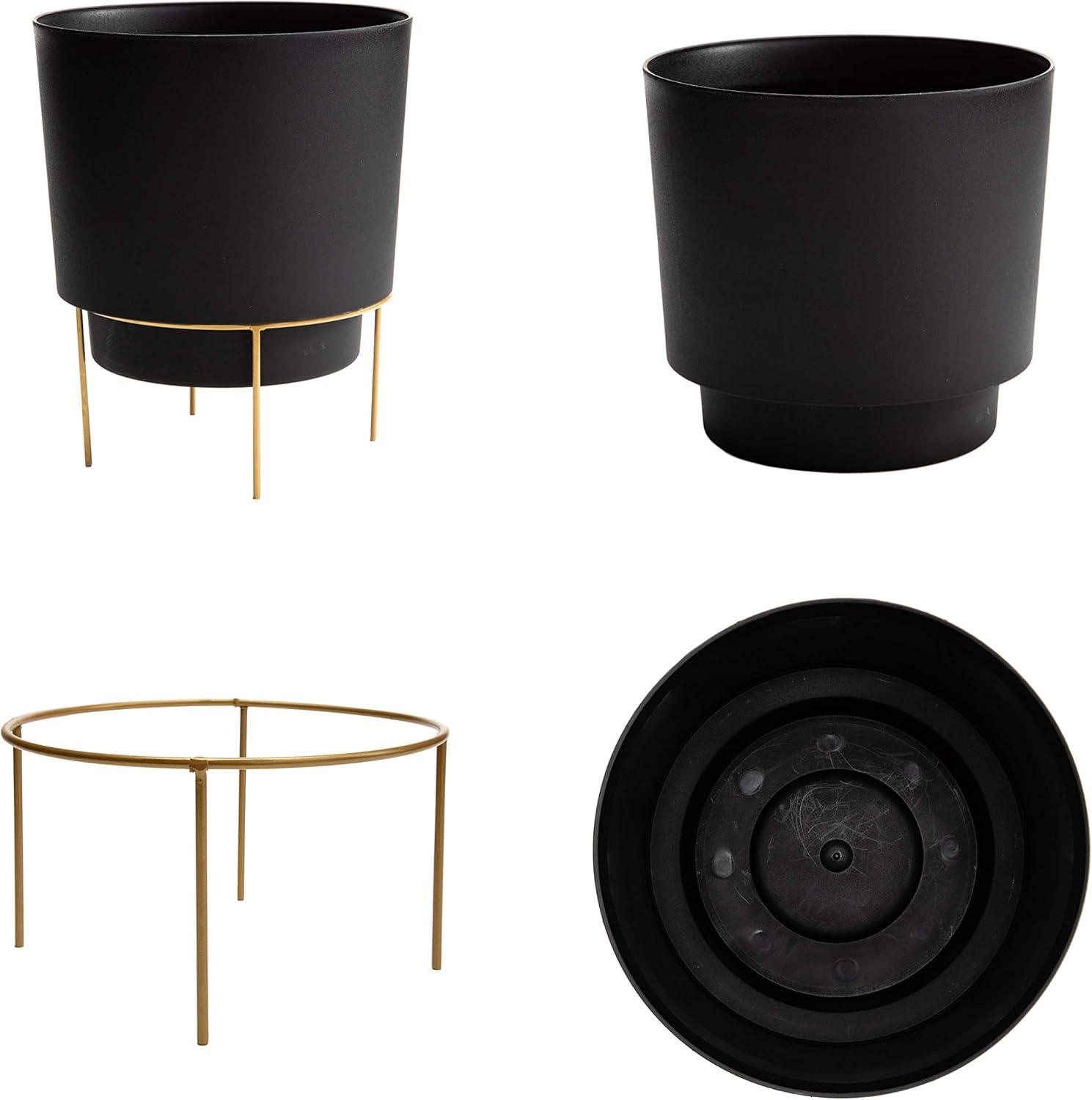 Bloem 10-in Hopson Modern Round Resin Planter with Gold Metal Stand - Black