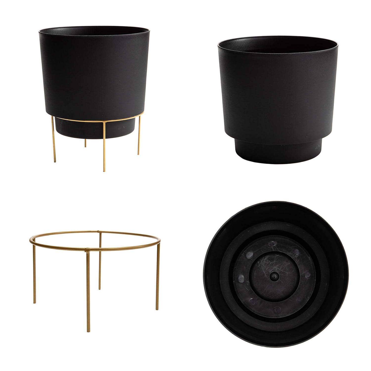 Bloem 10-in Hopson Modern Round Resin Planter with Gold Metal Stand - Black
