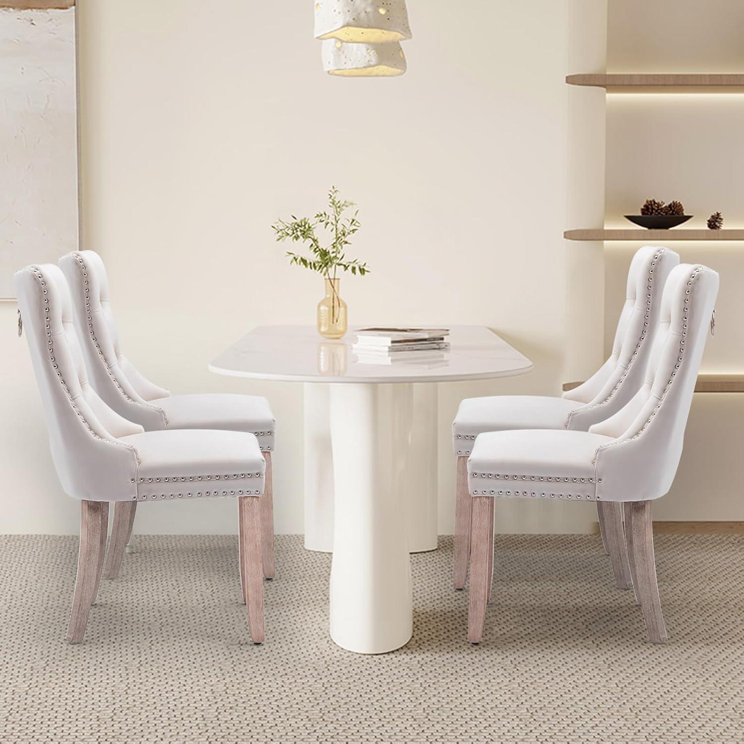 SoarFlash Velvet Dining Chairs Set of 4, Tall Back Side Chair, Modern Upholstered High-end Tufted Side Chair with Button Back Ring, Solid Wood Legs (Beige)