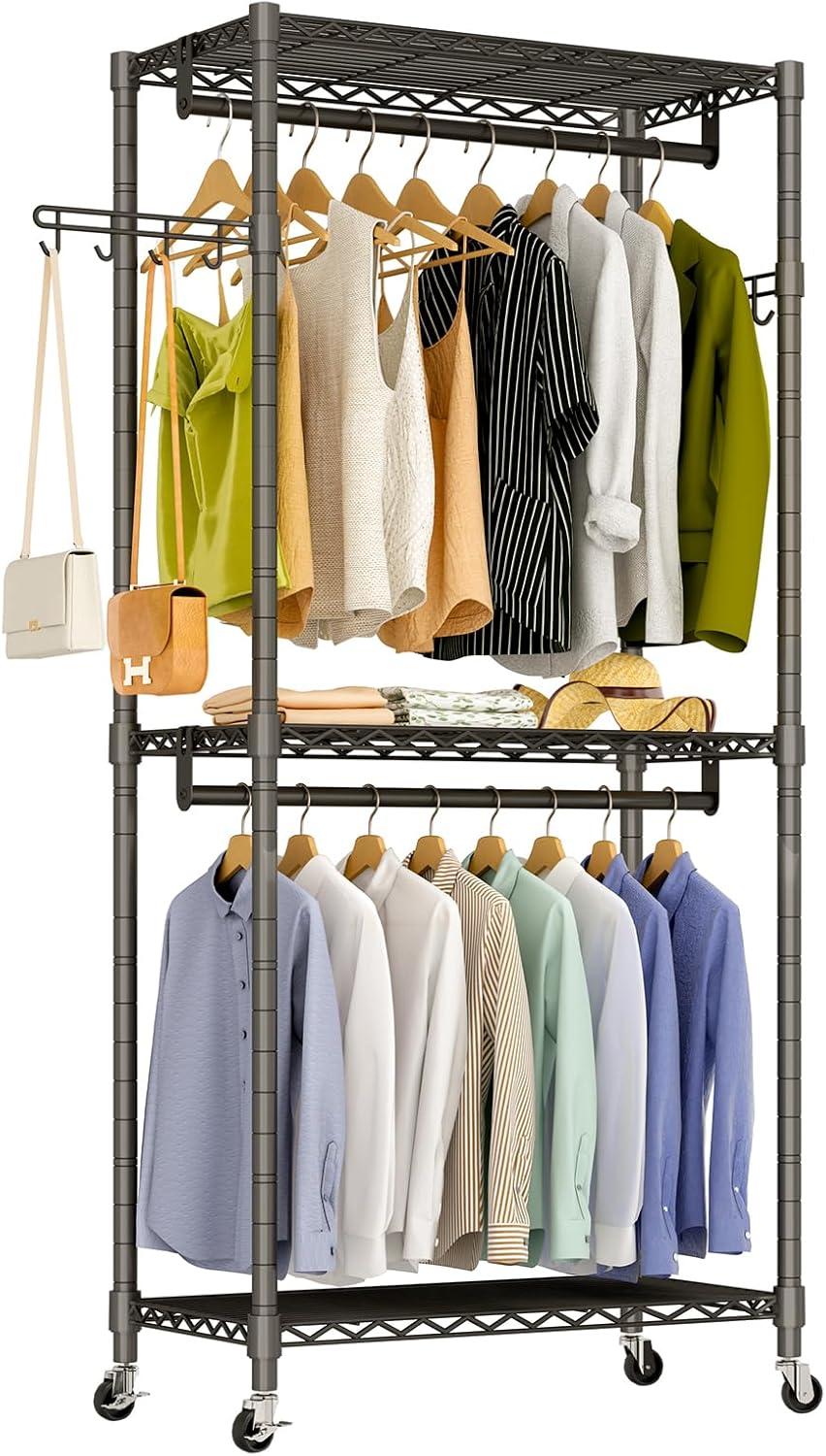 Black Adjustable Heavy-Duty Wire Rolling Closet System