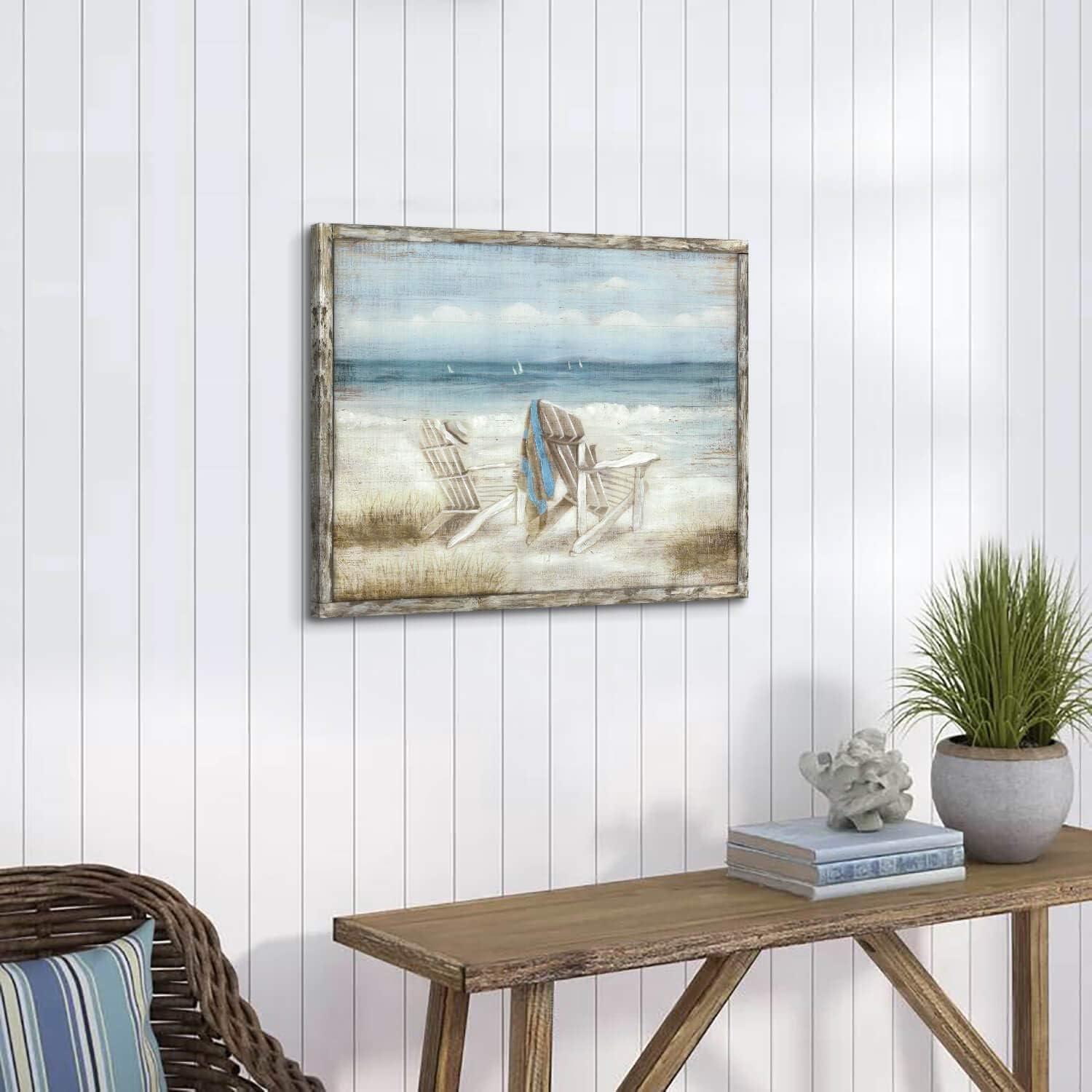 Coastal Abstract Seascape Canvas with Beach Chairs, 24" x 18"