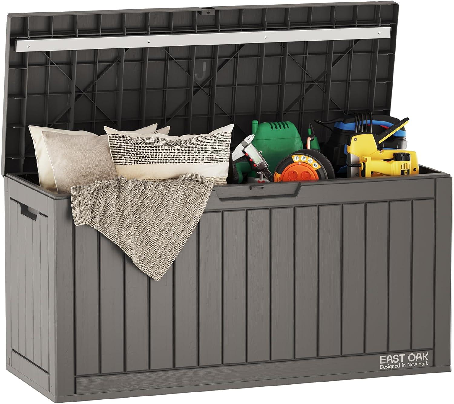 East Oak 60 gal Waterproof Resin Deck Box Gray: Easy-Move Handles, Secure Lock, Bench Seating