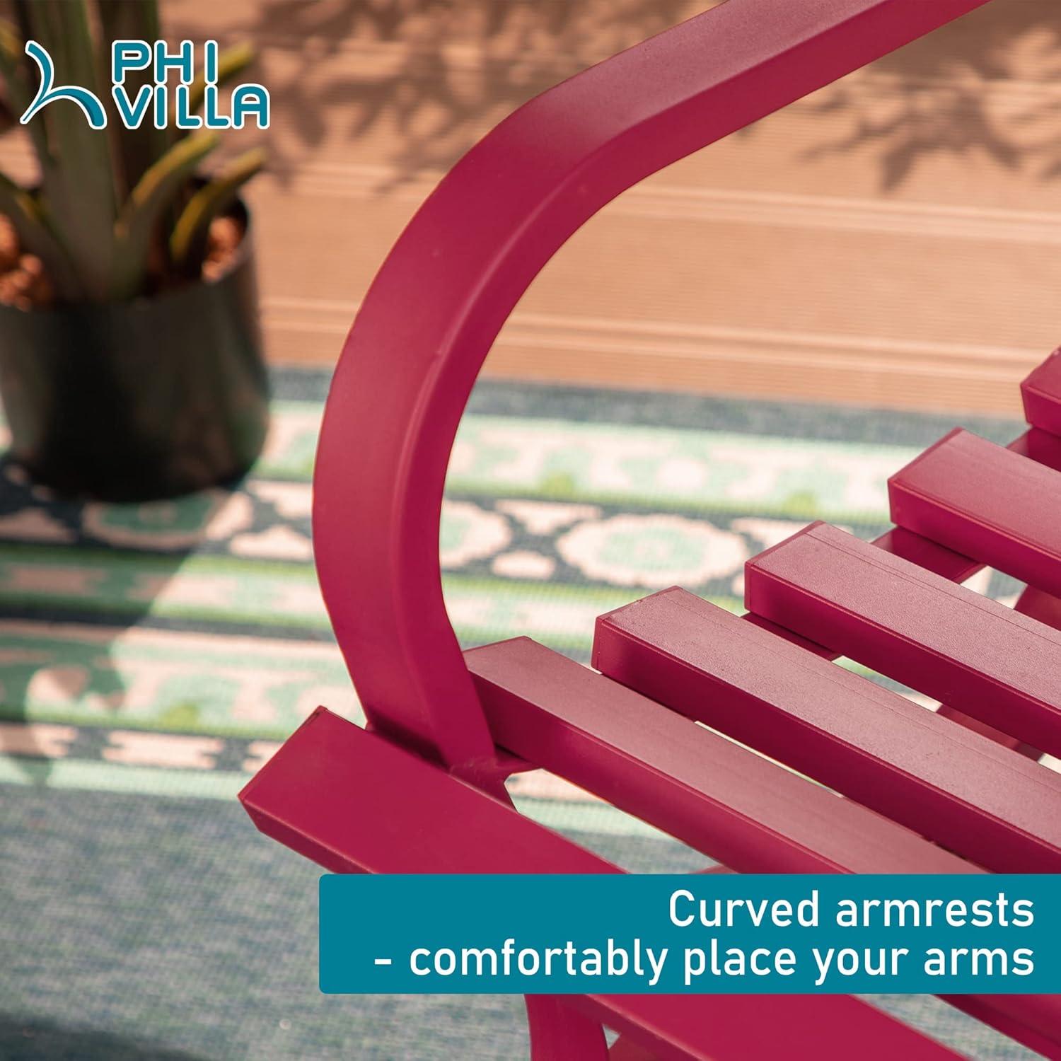 PHI VILLA Outdoor Garden Bench, 48” Long Metal Steel Bench with Backrest and Armrests, Modern Slatted Design for Patio, Lawn, Yard, Porch - Red