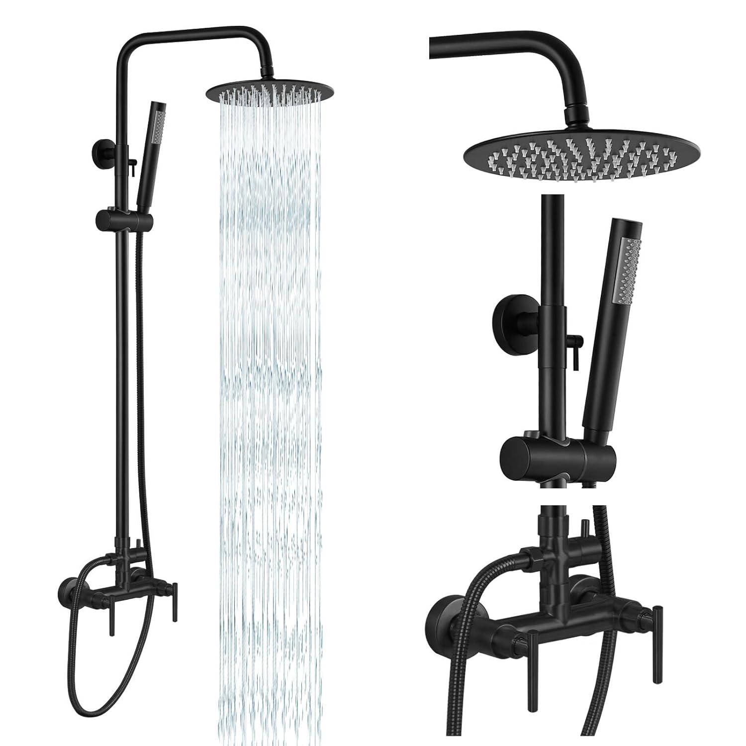 gotonovo SUS304 Outdoor Shower Fixture High Pressure Shower System Wall Mount 2 Dual Function Single Handle Shower Kit with 8 Inch Shower Head and Handheld Spray Shower Faucet Combo, Matte Black