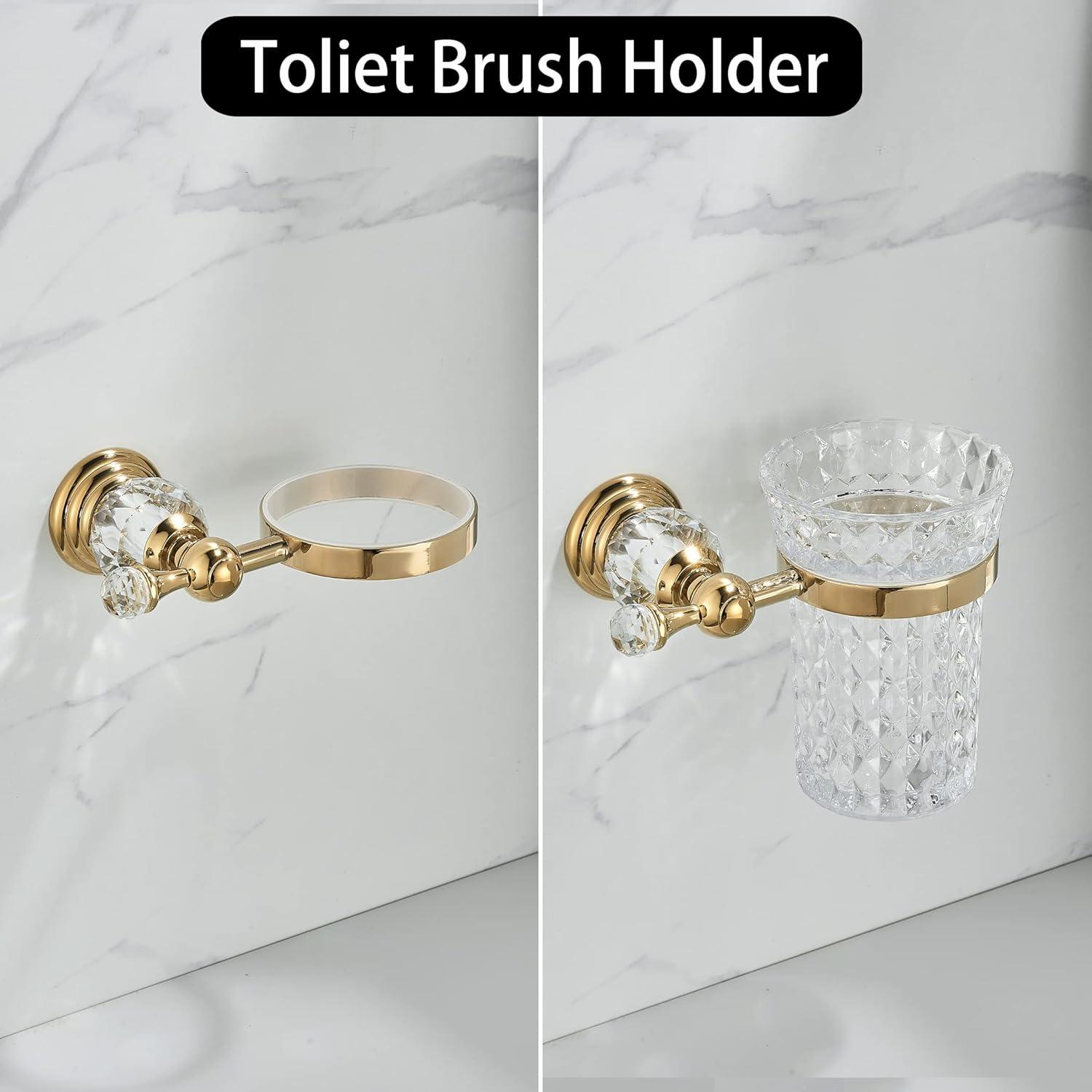 Crystal Wall-Mounted Toilet Brush Holder with Gold Handle