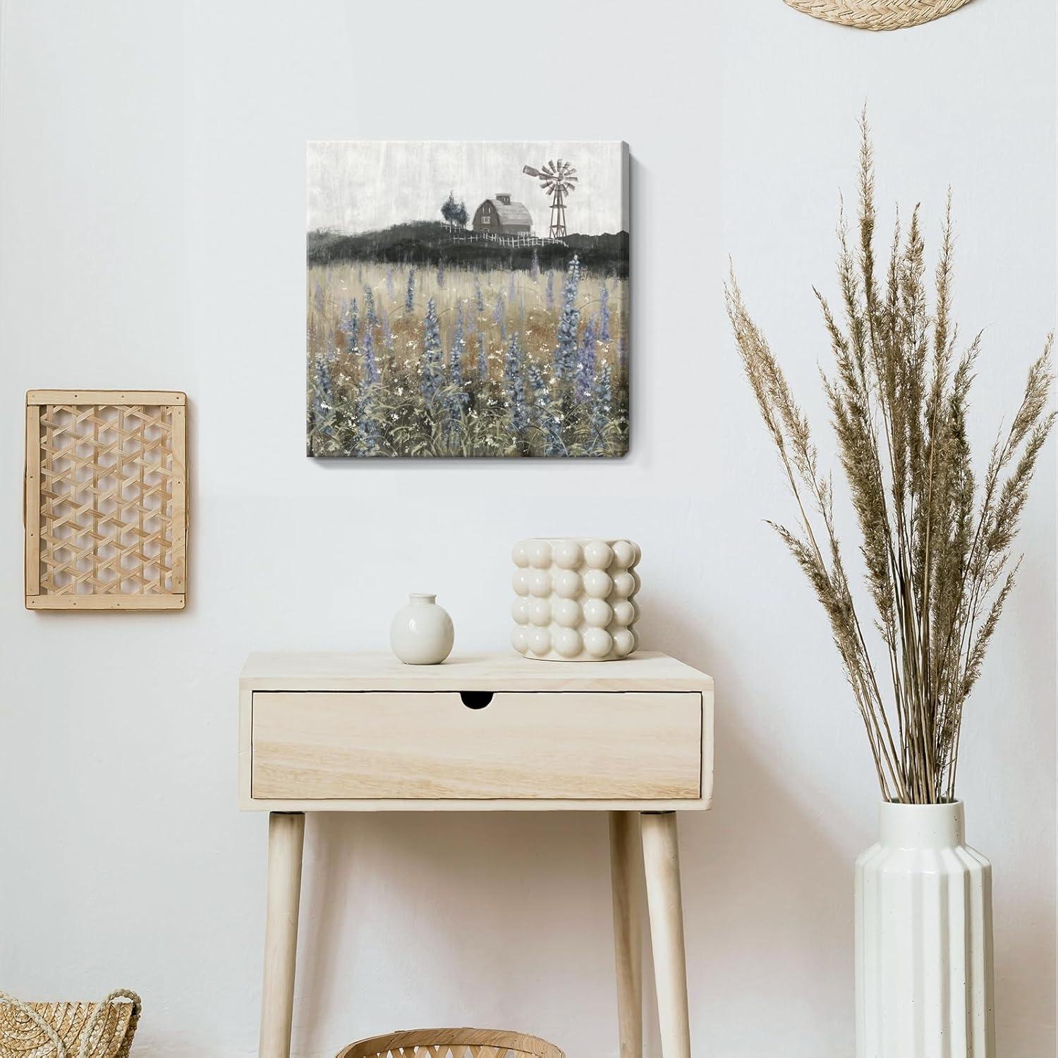 Vintage Farmhouse Landscape Canvas Print with Windmill and Barn, 14x14