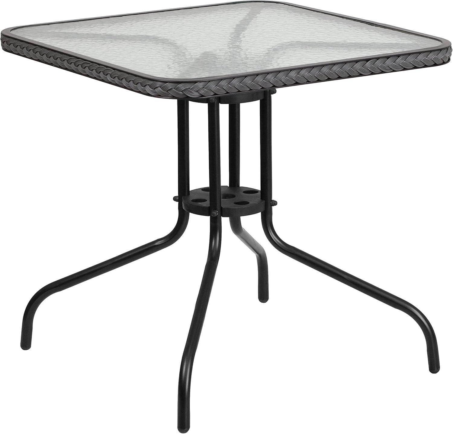 Flash Furniture 28'' Square Tempered Glass Metal Table with Gray Rattan Edging