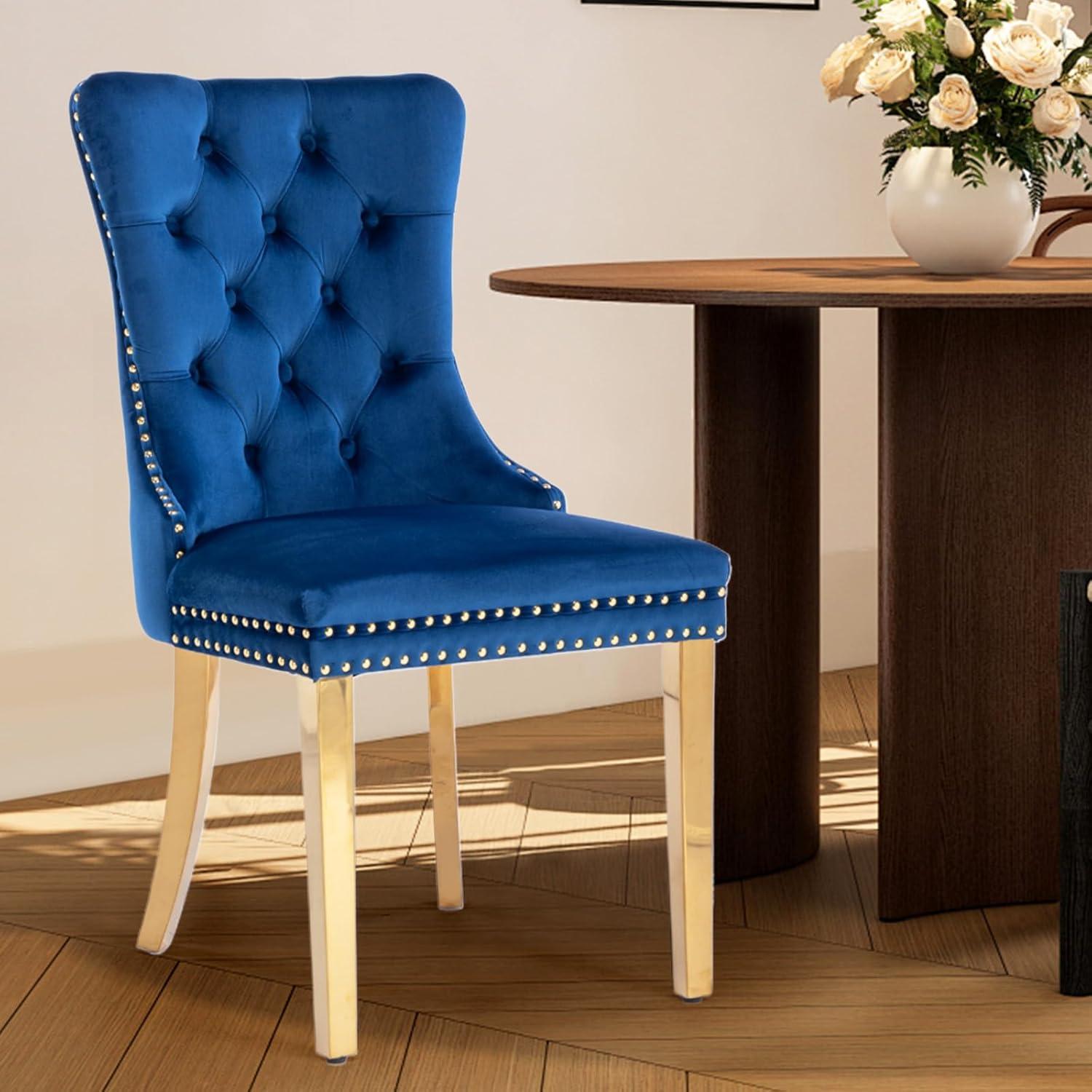 ODUSE-DAILY Velvet Dining Chairs Set of 4, Navy Kitchen & Dining Room Chairs, Tufted Dining Chairs, Fabric Upholstered, Solid Wood, Sillas De Comedor (Blue, 4 Pcs)