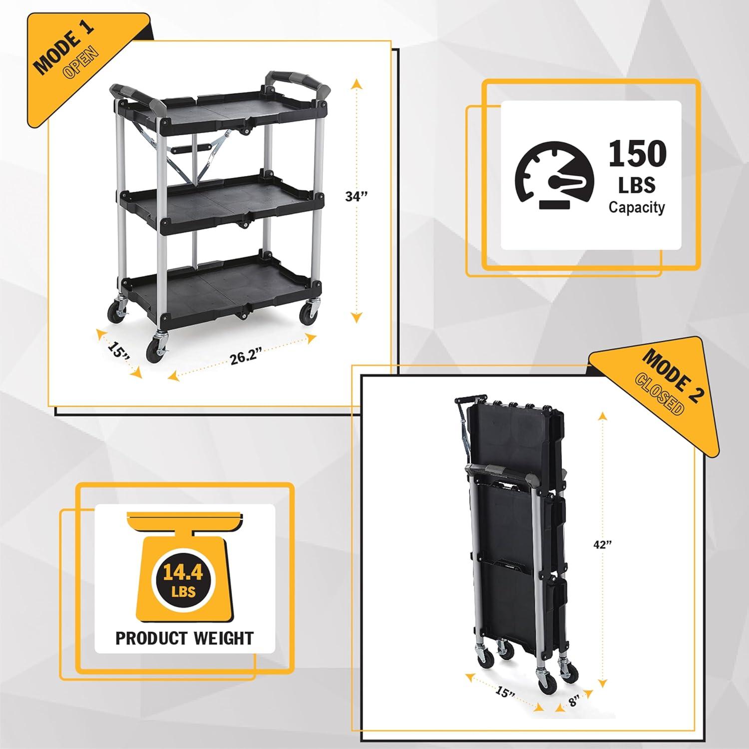 Black Aluminum Collapsible 3-Shelf Service Cart with Swivel Wheels