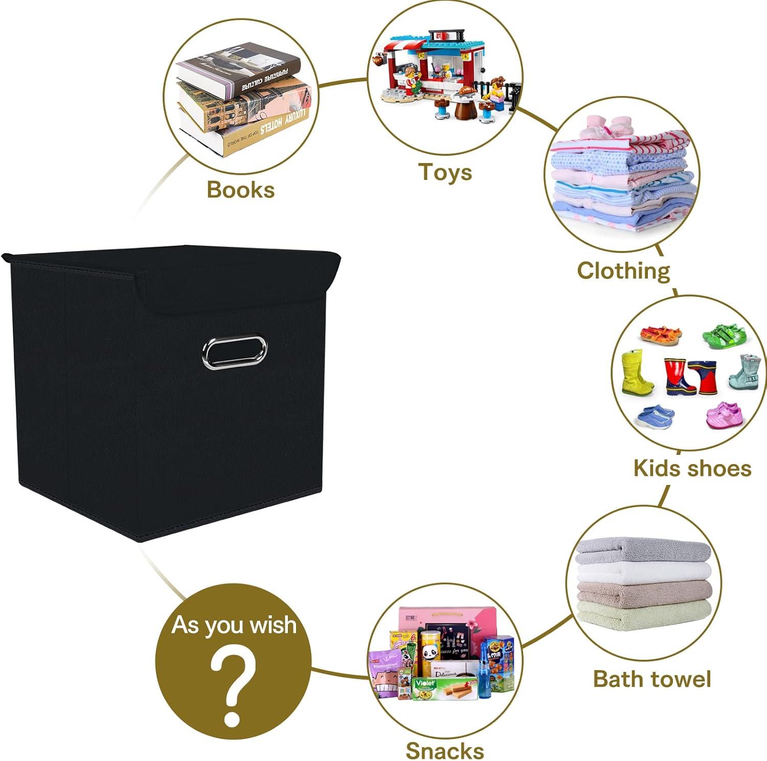 Fabric Storage Cube Bins with Lids Closet Organizers collapsible storage bins basket with Handles for Home,Storage Boxes for Organizing,3 Pack,(black)