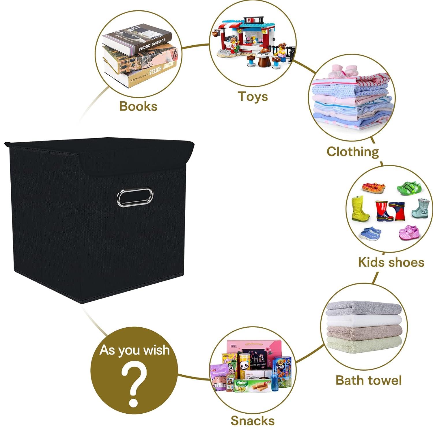 Fabric Storage Cube Bins with Lids Closet Organizers collapsible storage bins basket with Handles for Home,Storage Boxes for Organizing,3 Pack,(black)