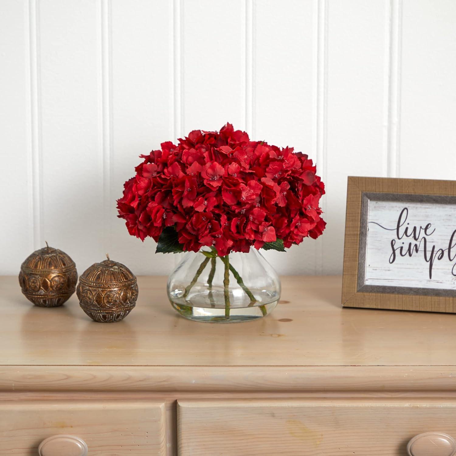 Nearly Natural 8.5-in Red Hydrangea Silk Flower Arrangement with Glass Vase