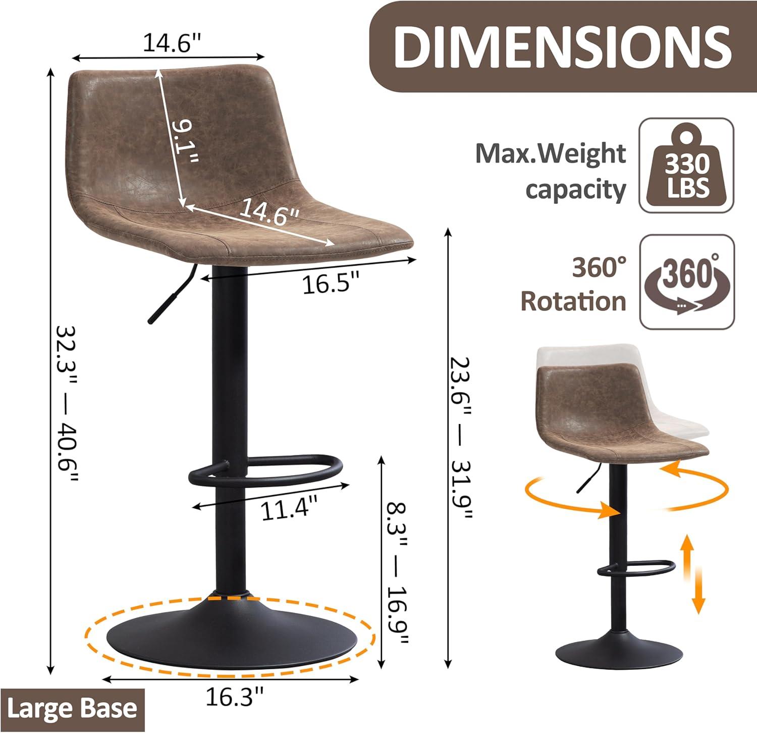 Adjustable Brown Leather Swivel Bar Stools with Footrest