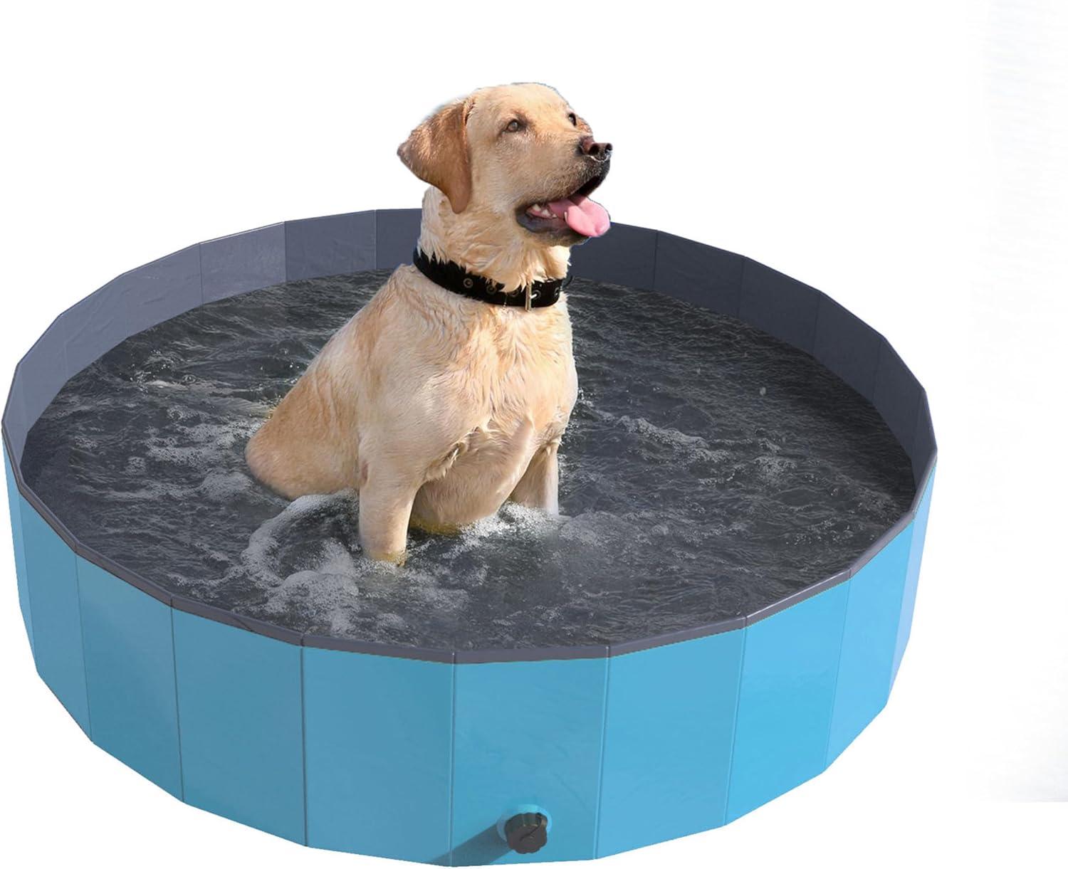 Portable Dog Pool for Large Dogs - Foldable Plastic Bathing Tub with Drain and Carrying Bag for Pets and Backyard Play with Kids by PETMAKER (Blue)