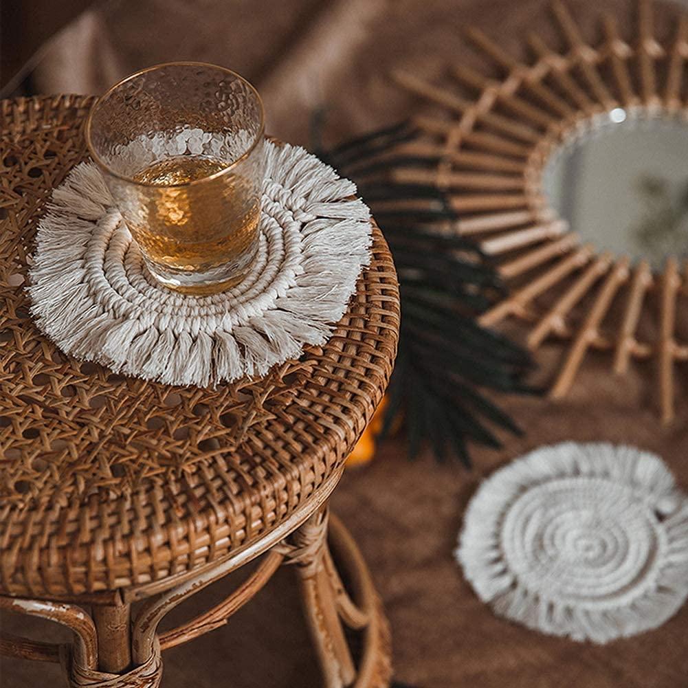 2 Posavasos Bohemios de Macramé para Bebidas, Posavasos Absorbentes con Borla, Posavasos Redondos de Algodón Hechos a Mano de 7 Pulgadas para Mesa de Escritorio, Cocina, Oficina, Hogar, Bar, Protección de Mesa, Regalo de Inauguración de la Casa, Rosa