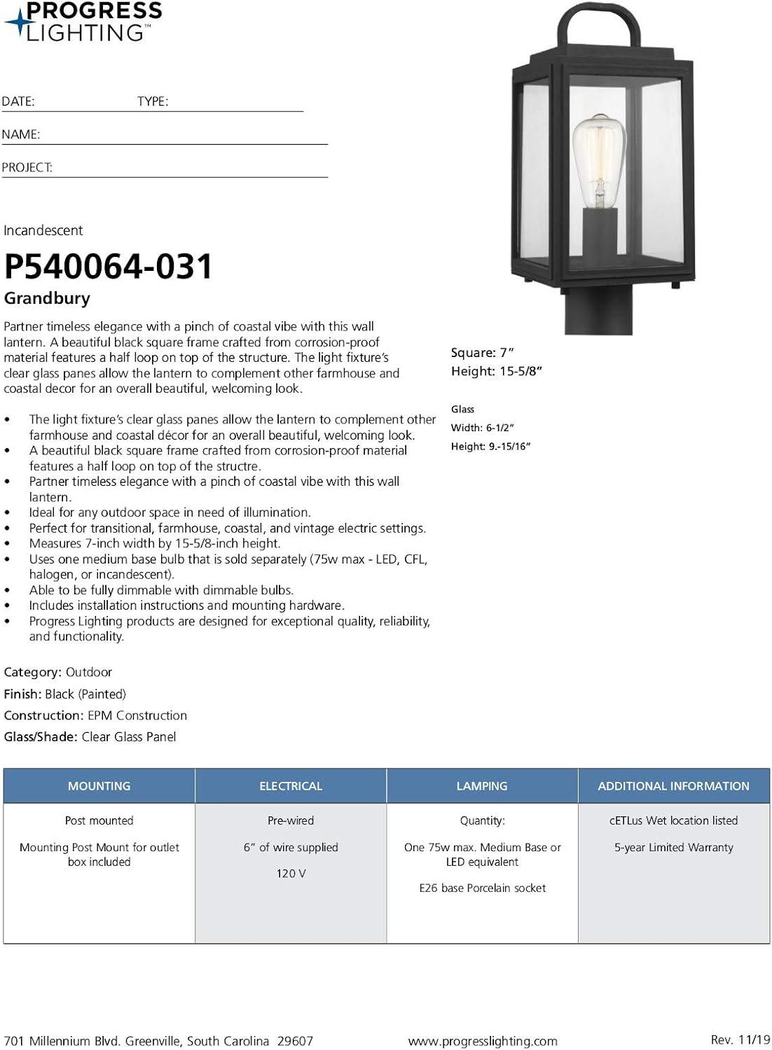 Progress Lighting Grandbury 1-Light Outdoor Post Light in Black with Clear Glass Panels and DURASHIELD Material