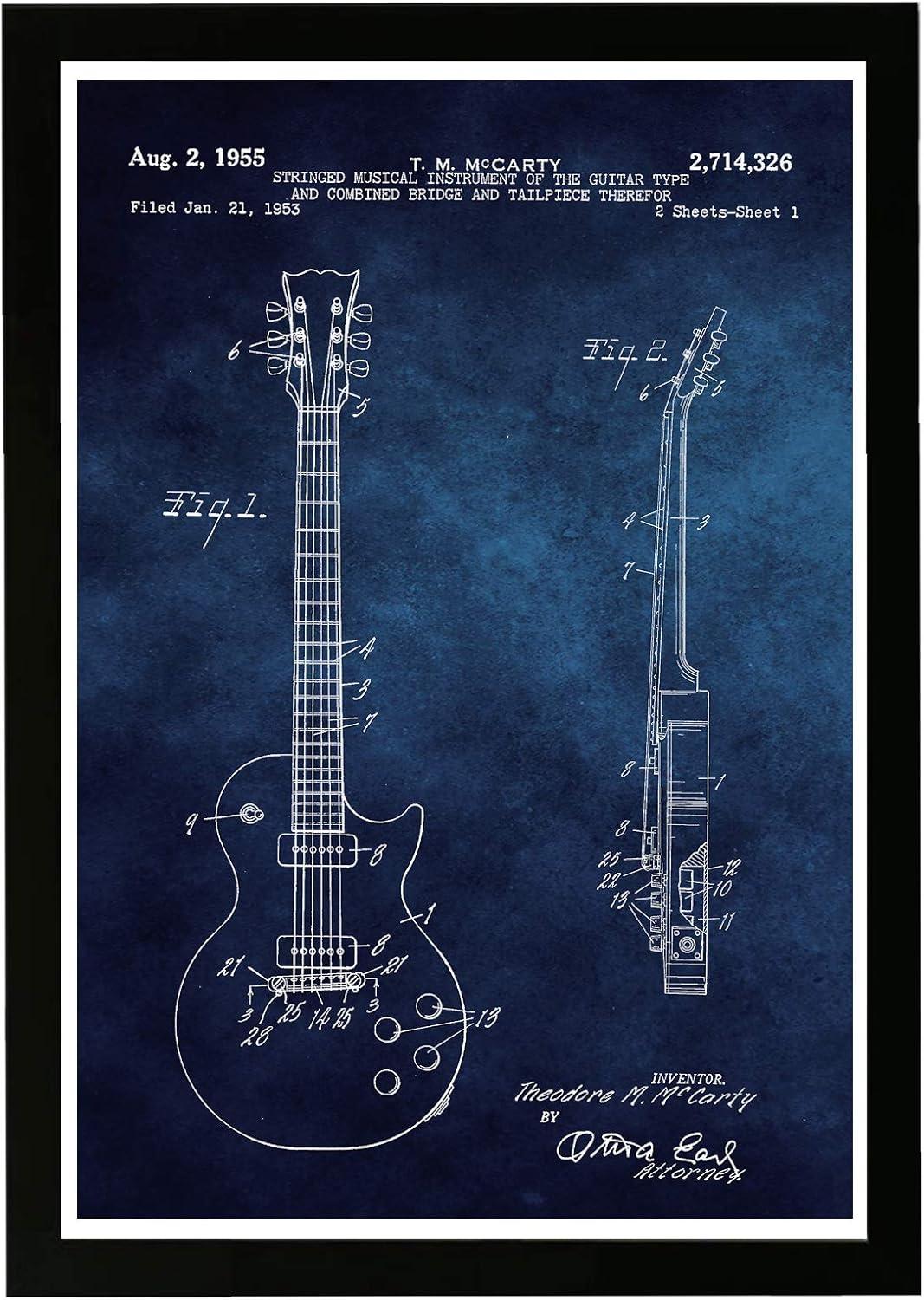 Wynwood Studio 15"x21" Gibson Les Paul Guitar 1955 Blue Chalkboard Wall Art Black Frame: Modern Canvas, Wood Composite, Vertical Layout