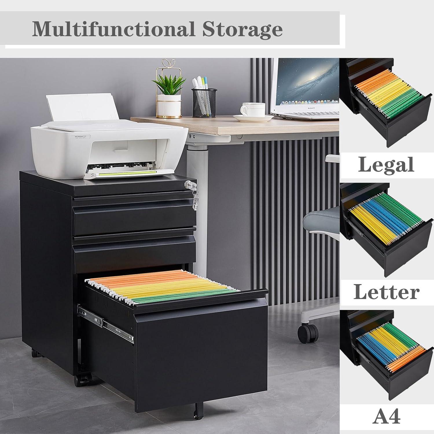 Inbox Zero 3-Drawer Mobile File Cabinet With Lock