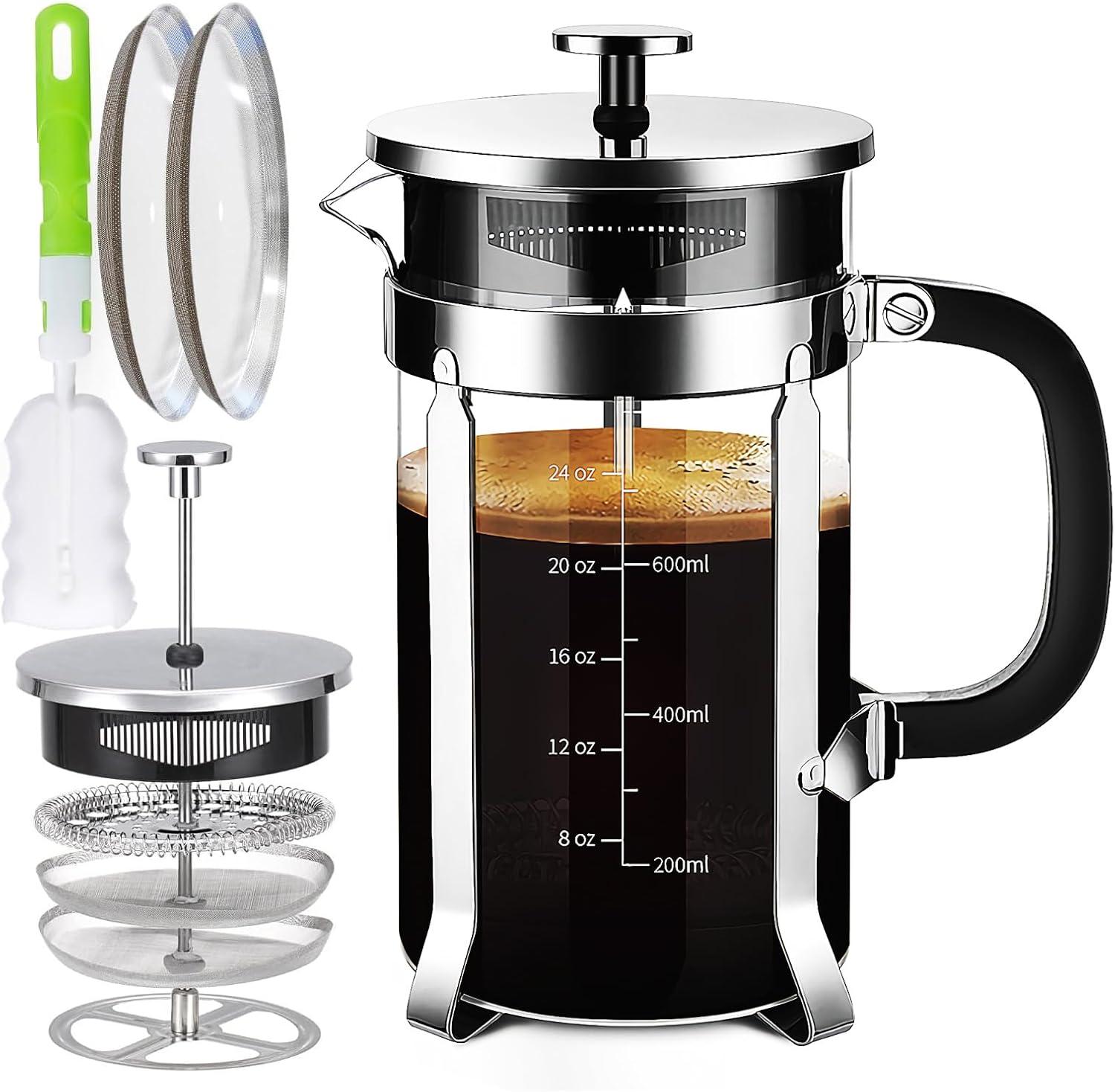 HadinEEon French Press Coffee Maker, 34oz Stainless Steel French Press with 4 Filter, Stainless Steel