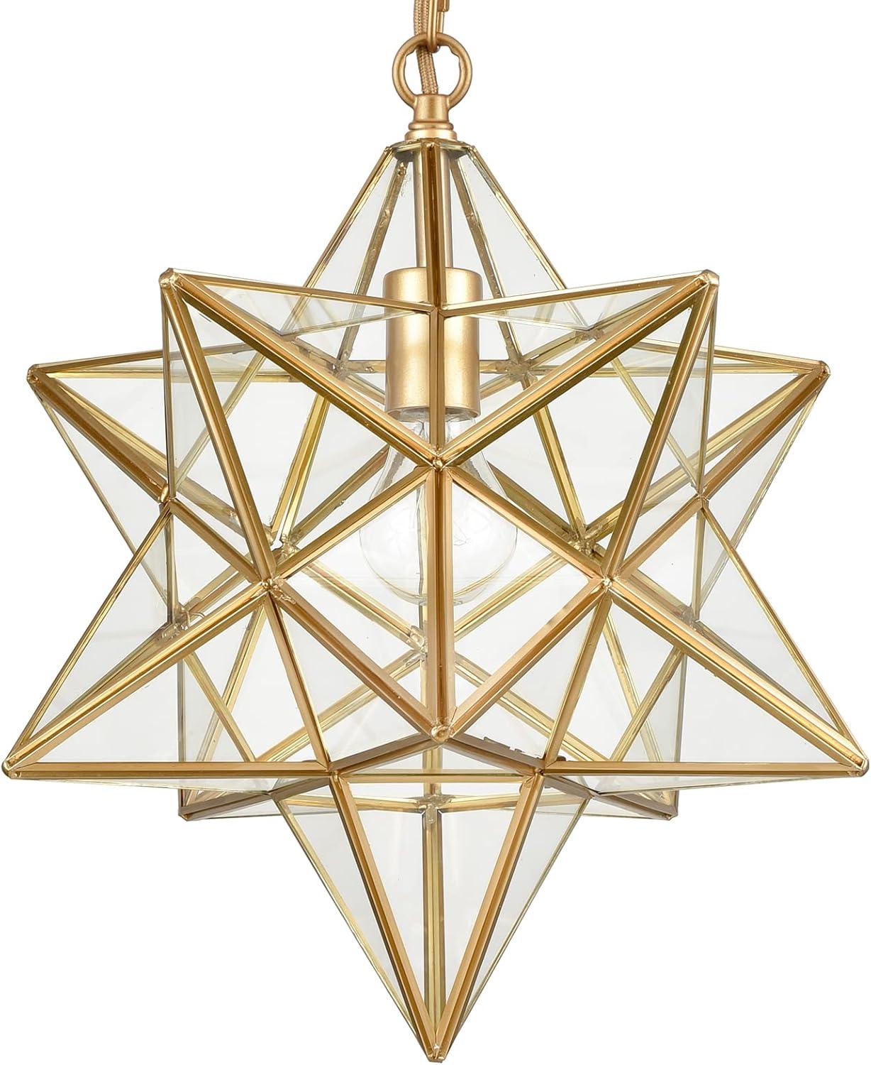 Moravian Star Light Modern Brass Pendant Light 15 Inches with Clear Glass Shade