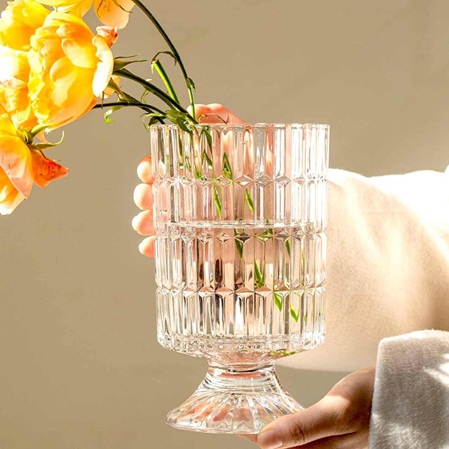 Clear Embossed Glass Pedestal Flower Vase, 7''