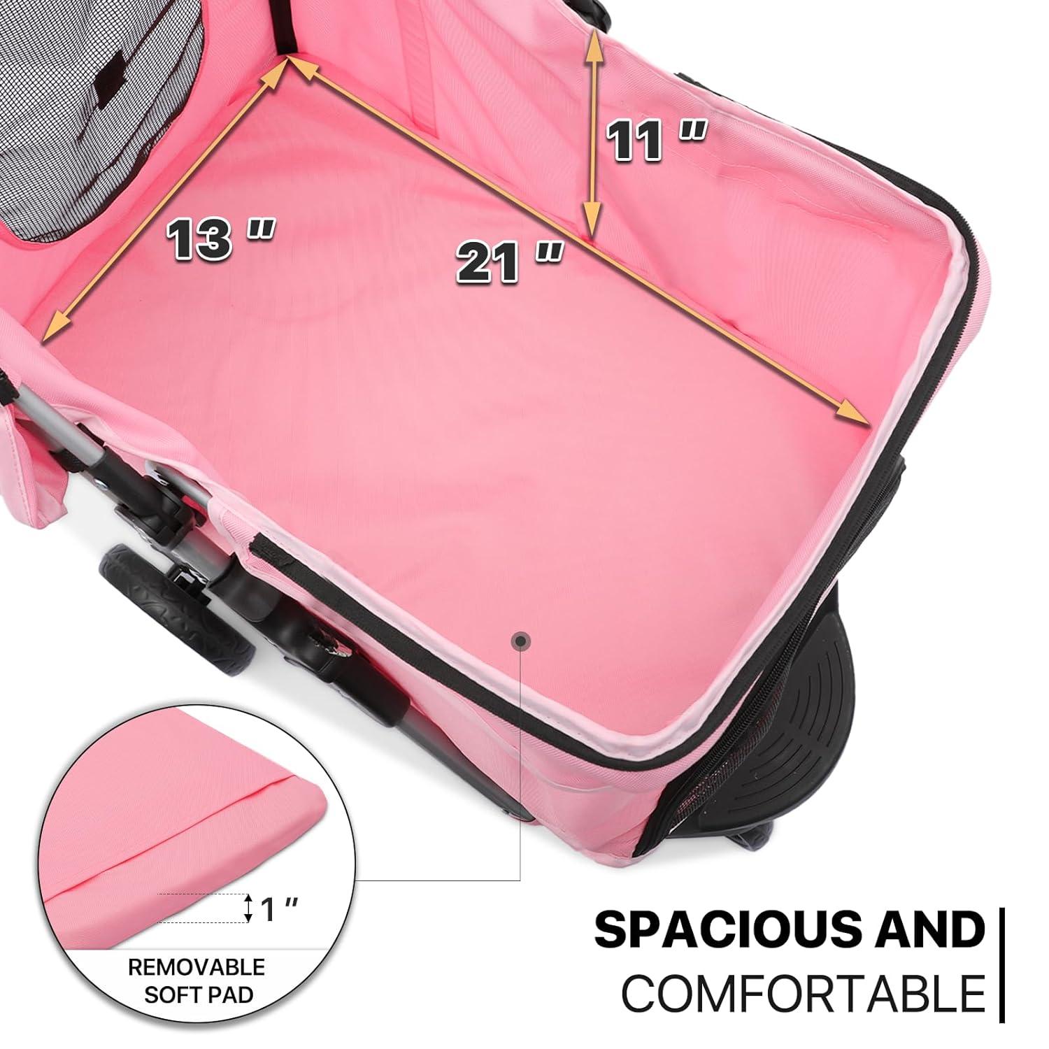 Pink Foldable Pet Stroller with Storage and Cup Holder