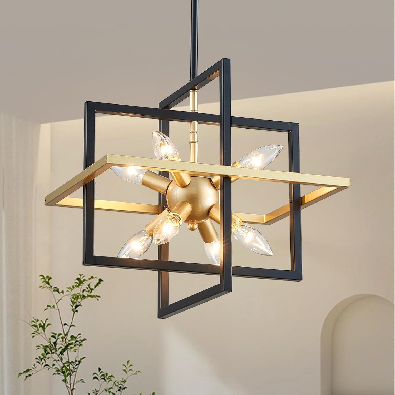 Modern Black and Gold Chandelier, 8-Light Geometric Pendant Light Fixture, Dining Light Fixtures Adjustable Chandelier for Dining Room Entryway Foyer Hallway Bedroom Living Room Kitchen Island