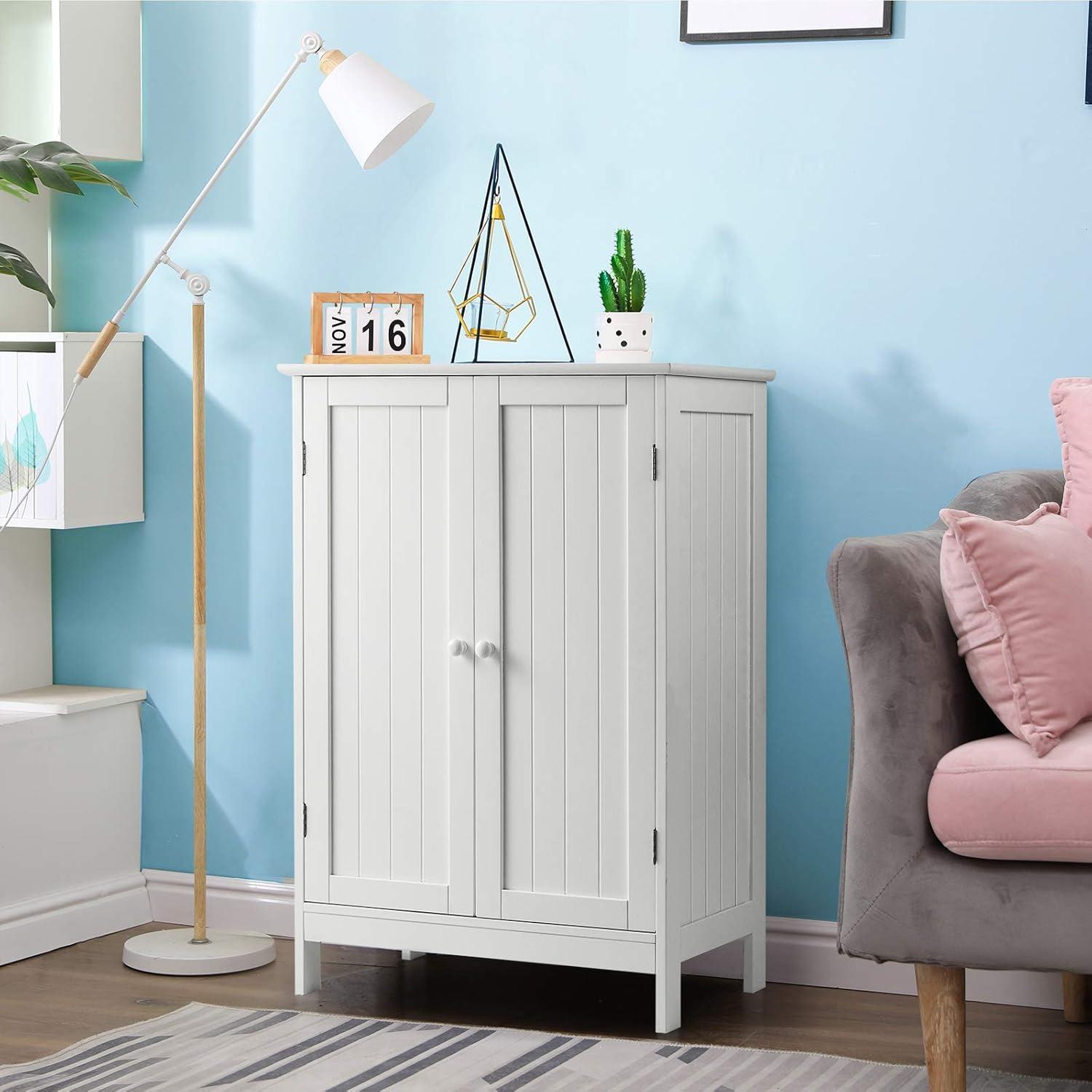 White MDF Bathroom Floor Cabinet with Adjustable Shelving