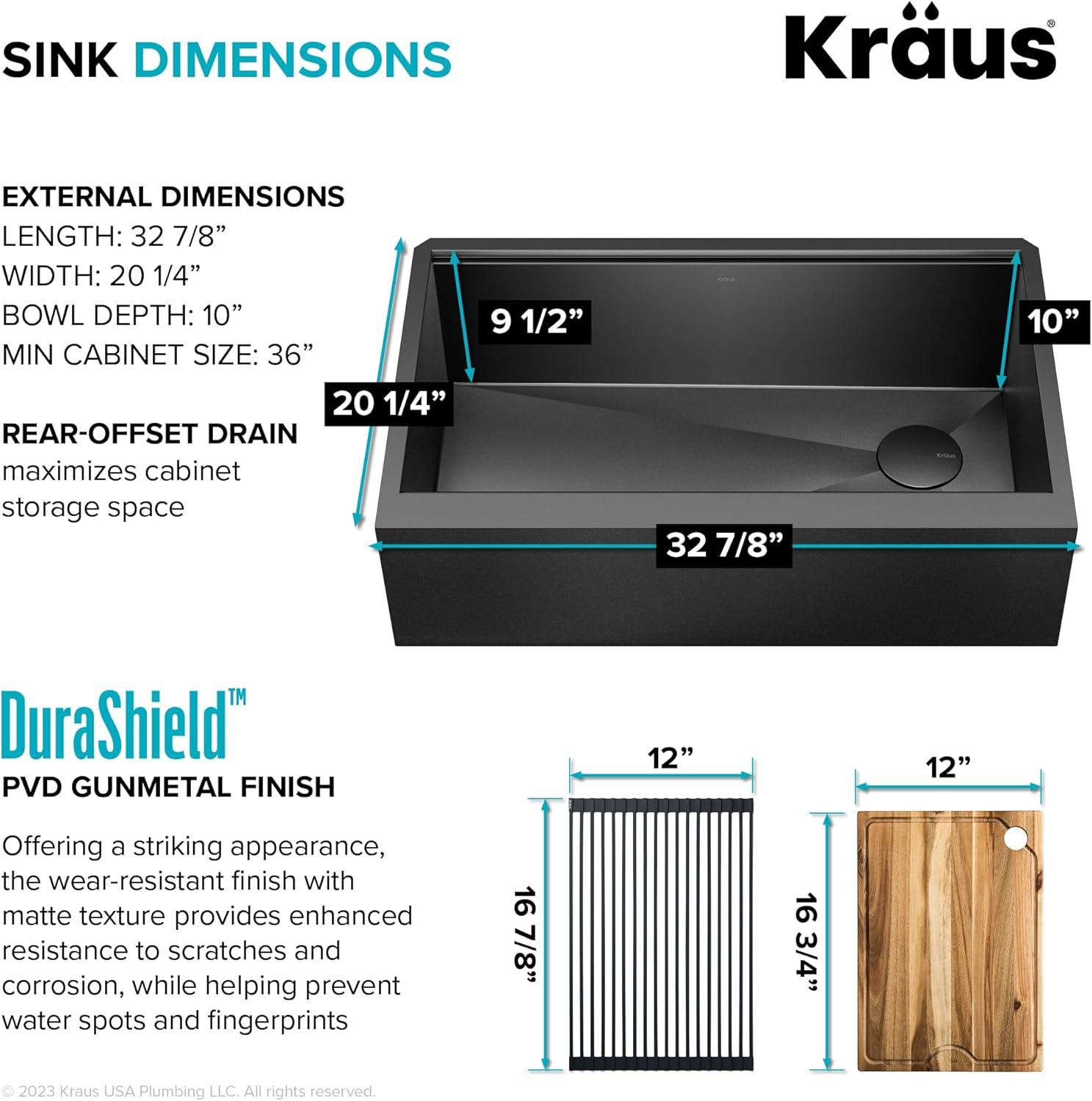 KRAUS Kore™ Workstation 33" L Farmhouse Modern Flat Apron Front 16 Gauge Black Stainless Steel Single Bowl Kitchen Sink