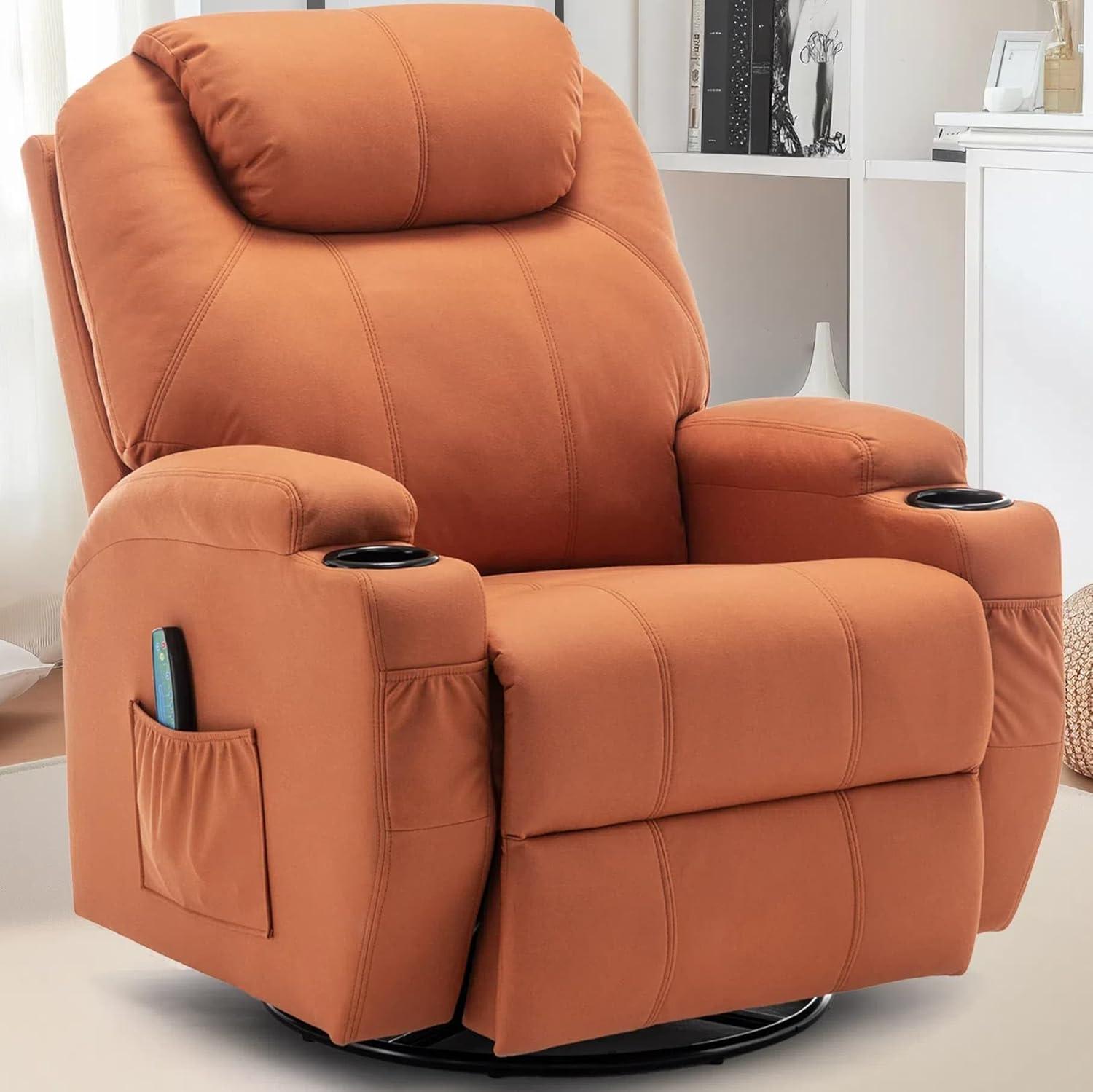 Recliner Chair, Rocking Chair with Massage and Heat, 360° Swivel Recliner Chairs for Adults, Rocker Manual Recliner with Remote Control and Cup Holder for Living Room