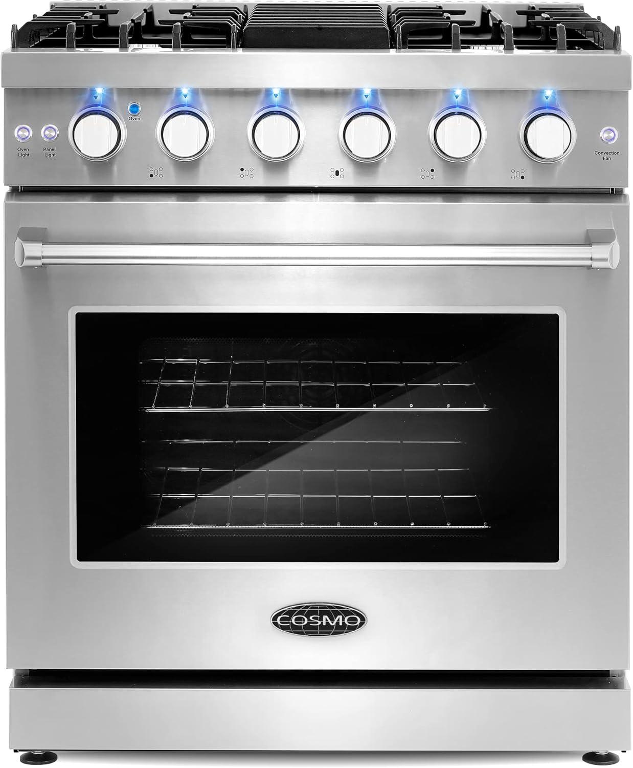 Cosmo 30 in. Haven Collection 4.5 cu. ft. Gas Range with 5 Sealed Burners, Convection Oven, Knob LED Lights, Stainless Steel