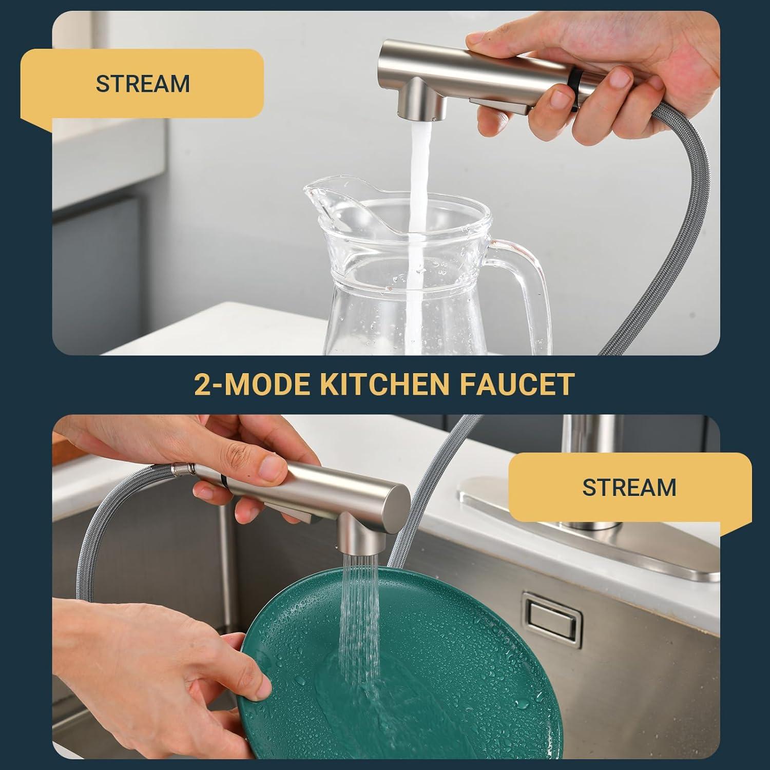 Brushed Nickel Kitchen Sink Faucet with Pull Down Sprayer Single Handle Single Hole Mixer Tap