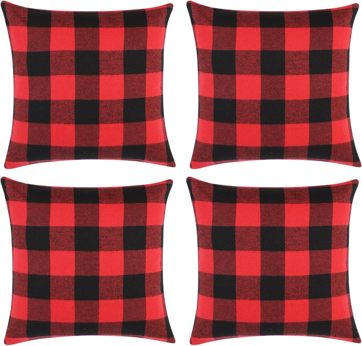 Christmas Pillow Covers Buffalo Check Plaid Throw Cushion Case Polyester for Farmhouse Home Decor Red and Black Square 18" x 18" 4 Pack